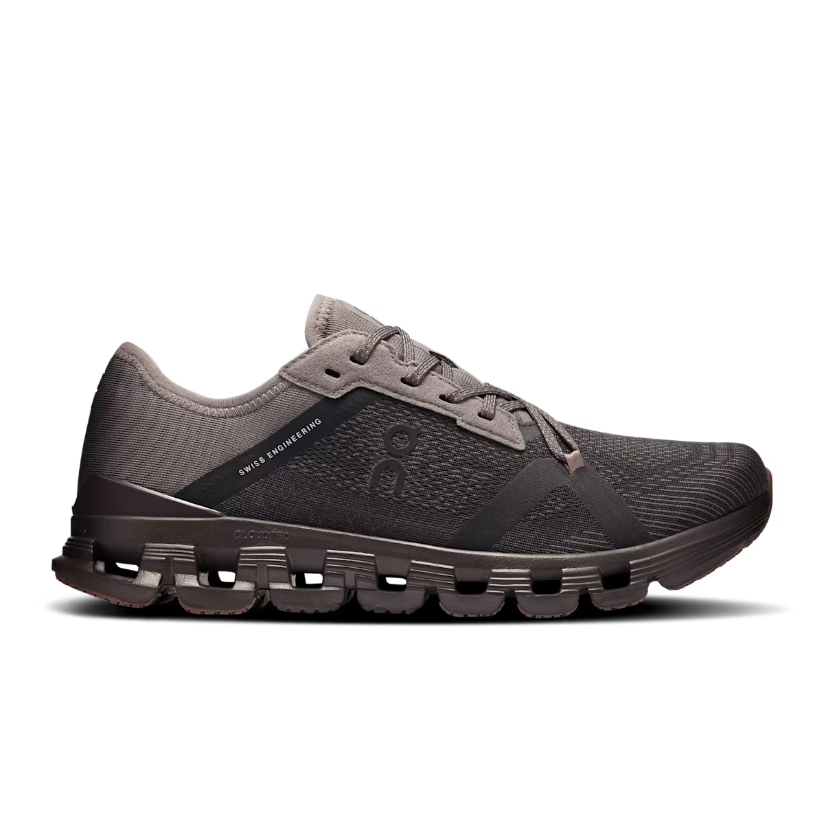 Side view on white background of Womens On Cloud X 4 AD running shoe in Eclipse/Pebble, Medium (Regular) width