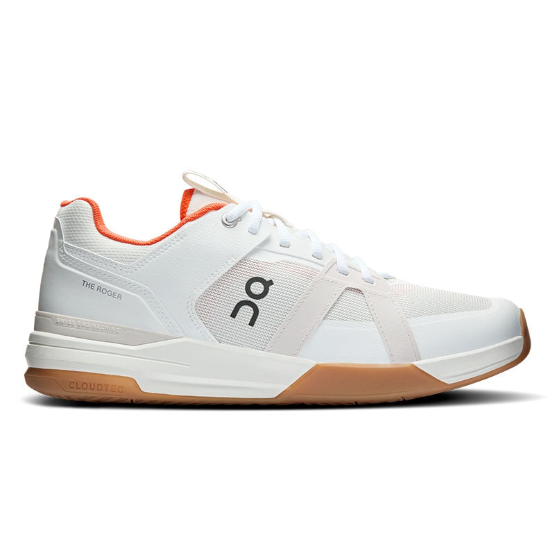 Side view on white background of Mens On The Roger Clubhouse Pro running shoe in Ivory/Flame, Medium (Regular) width