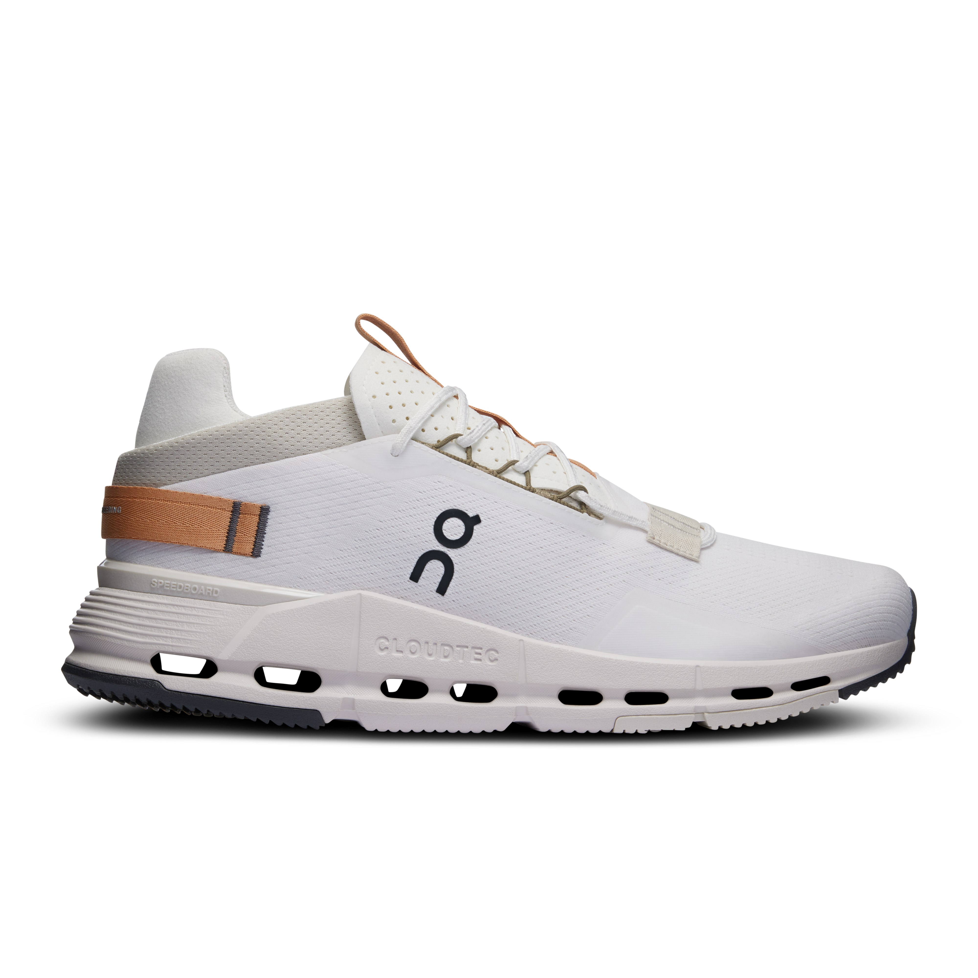 Side view on white background of Womens On Cloudnova 2 running shoe in Ivory/Sandstone, Medium (Regular) width