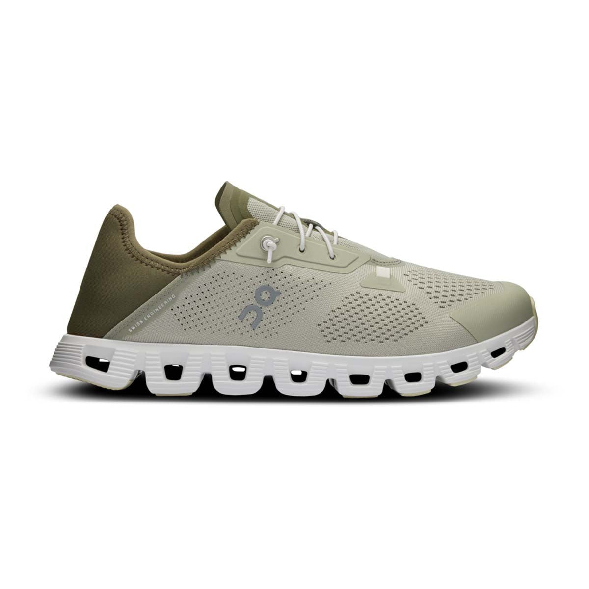Side view on white background of Mens On Cloud 5 Coast running shoe in Chalk/Olive, Medium (Regular) width