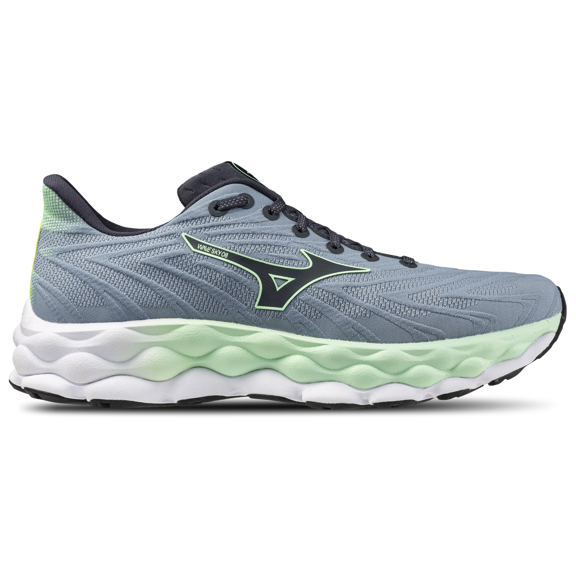 Side view on white background of Mens Mizuno Wave Sky 8 running shoe in Citadel/Vintage Indigo, Medium (Regular) width