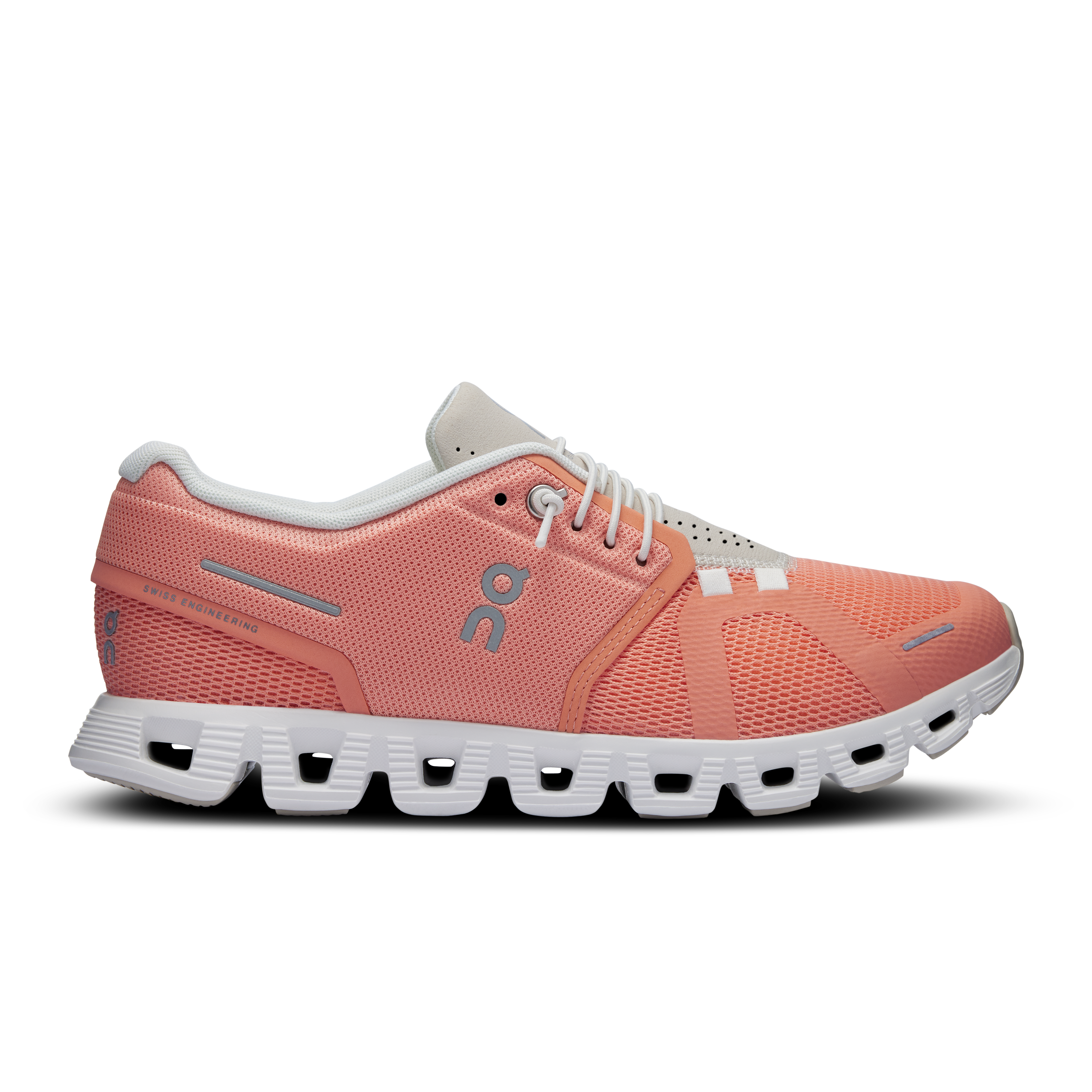 Side view on white background of Womens On Cloud 5 running shoe in Flamingo/Pearl, Medium (Regular) width