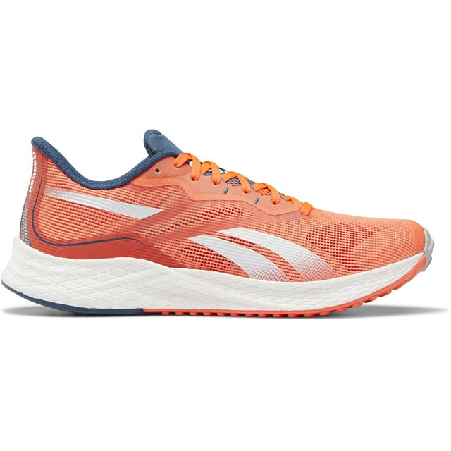 Side view on white background of Mens Reebok Floatride Energy 3.0 running shoe in Orange/Cold Grey/Brave Blue, Medium (Regular) width
