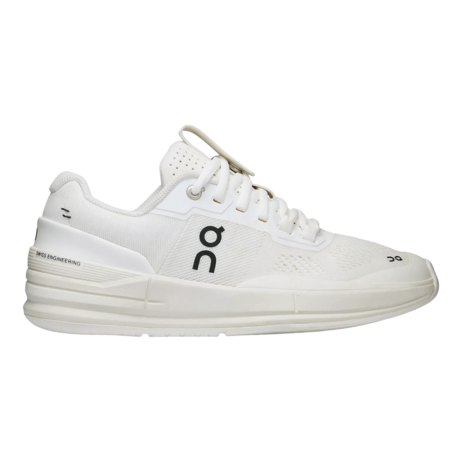 Side view on white background of Womens On The Roger Pro running shoe in Undyed-White/Black, Medium (Regular) width