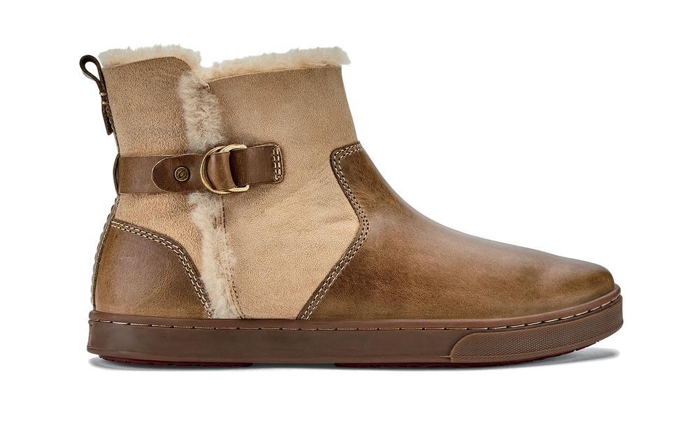 Side view on white background of Womens Olukai Pehuea Hulu running shoe in Golden Sand, Medium (Regular) width