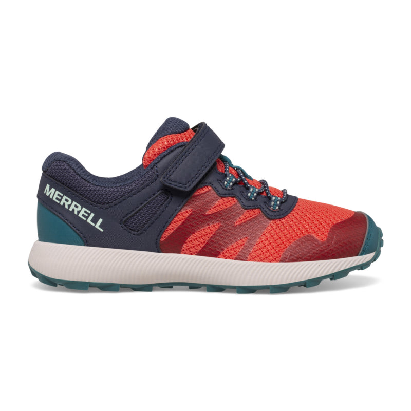 Side view on white background of Kids Merrell Nova 2 running shoe in Navy/Coral, Medium (Regular) width