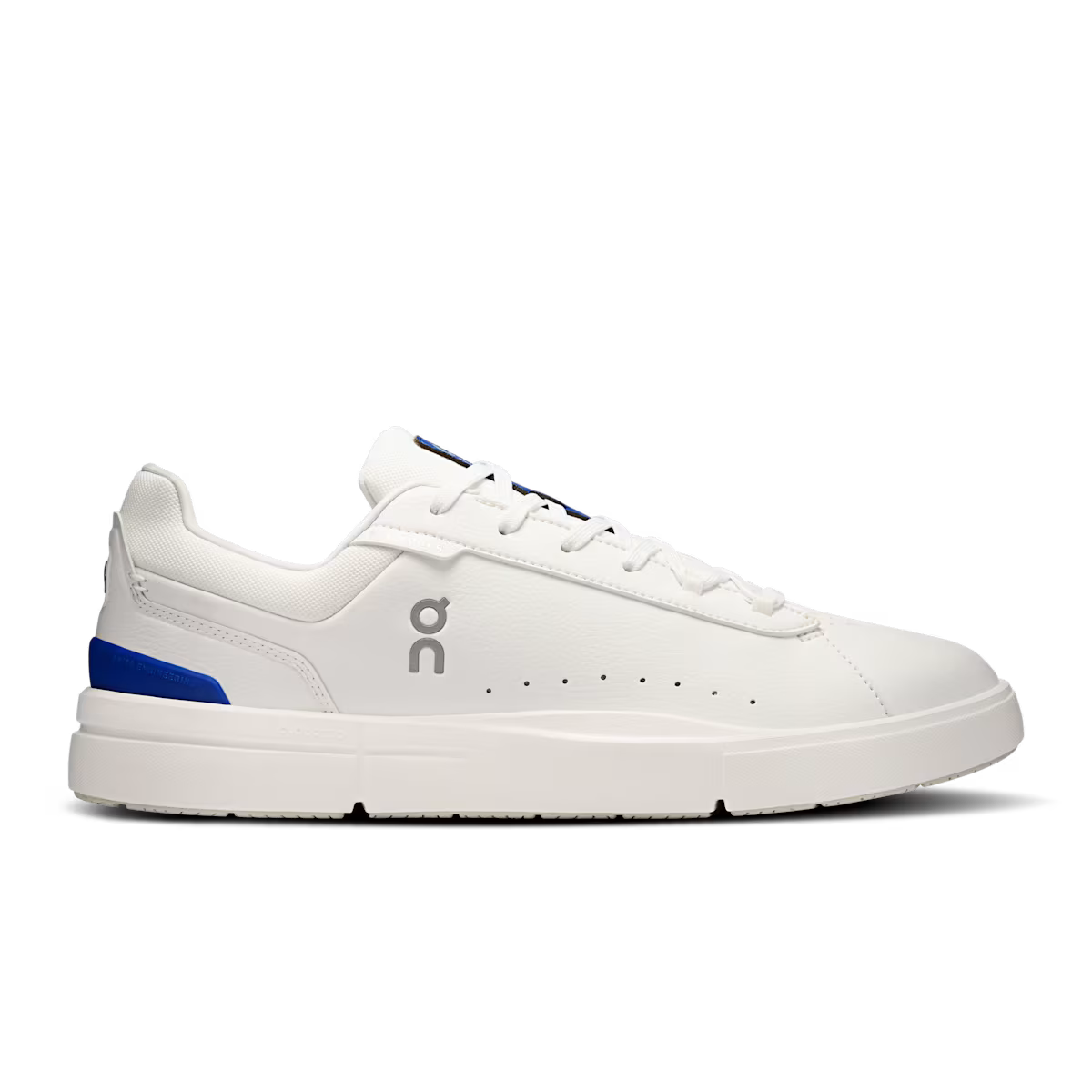 Side view on white background of Mens On The Roger Advantage running shoe in White/Indigo, Medium (Regular) width