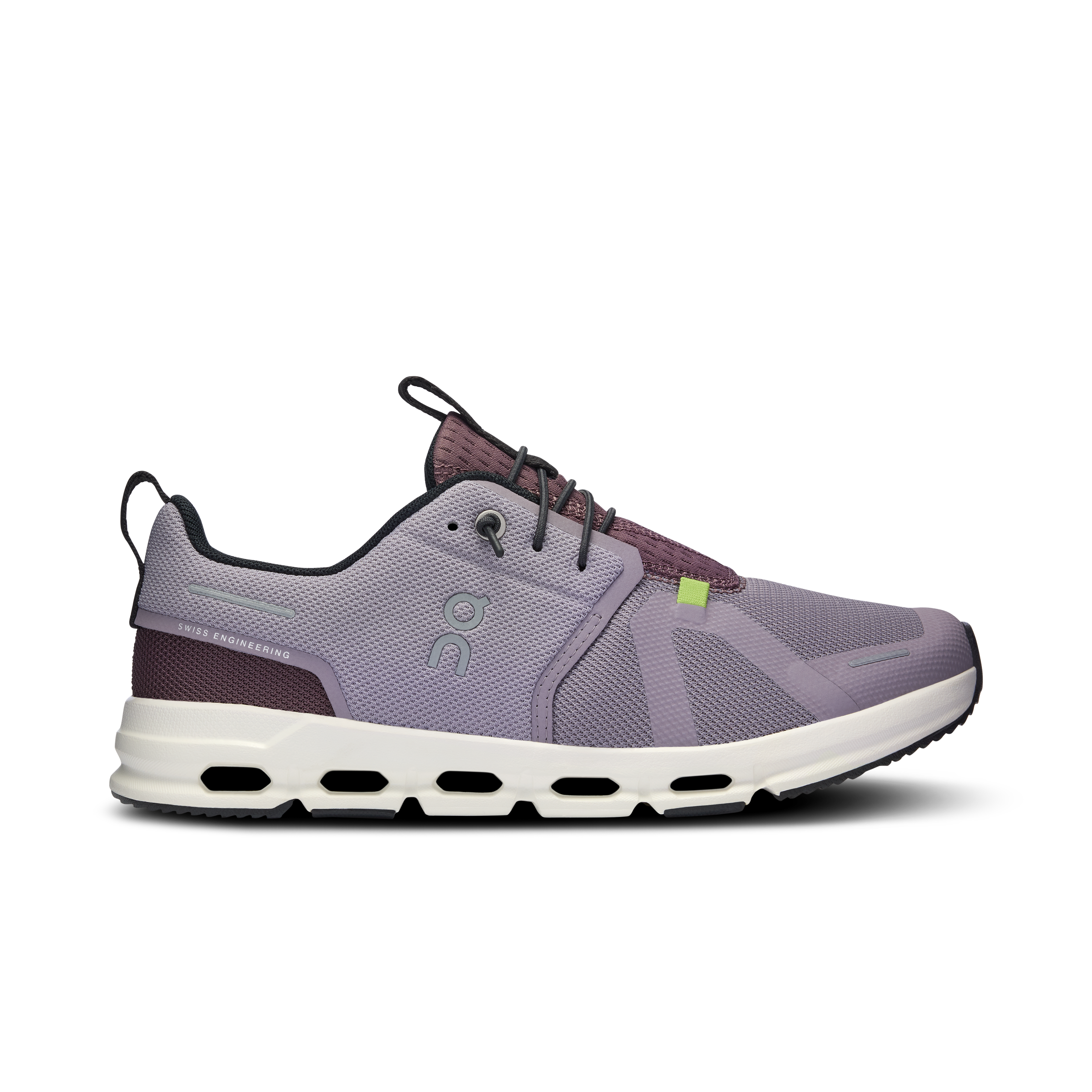 Side view on white background of Youth On shoe in Zinc/Grape, Medium (Regular) width