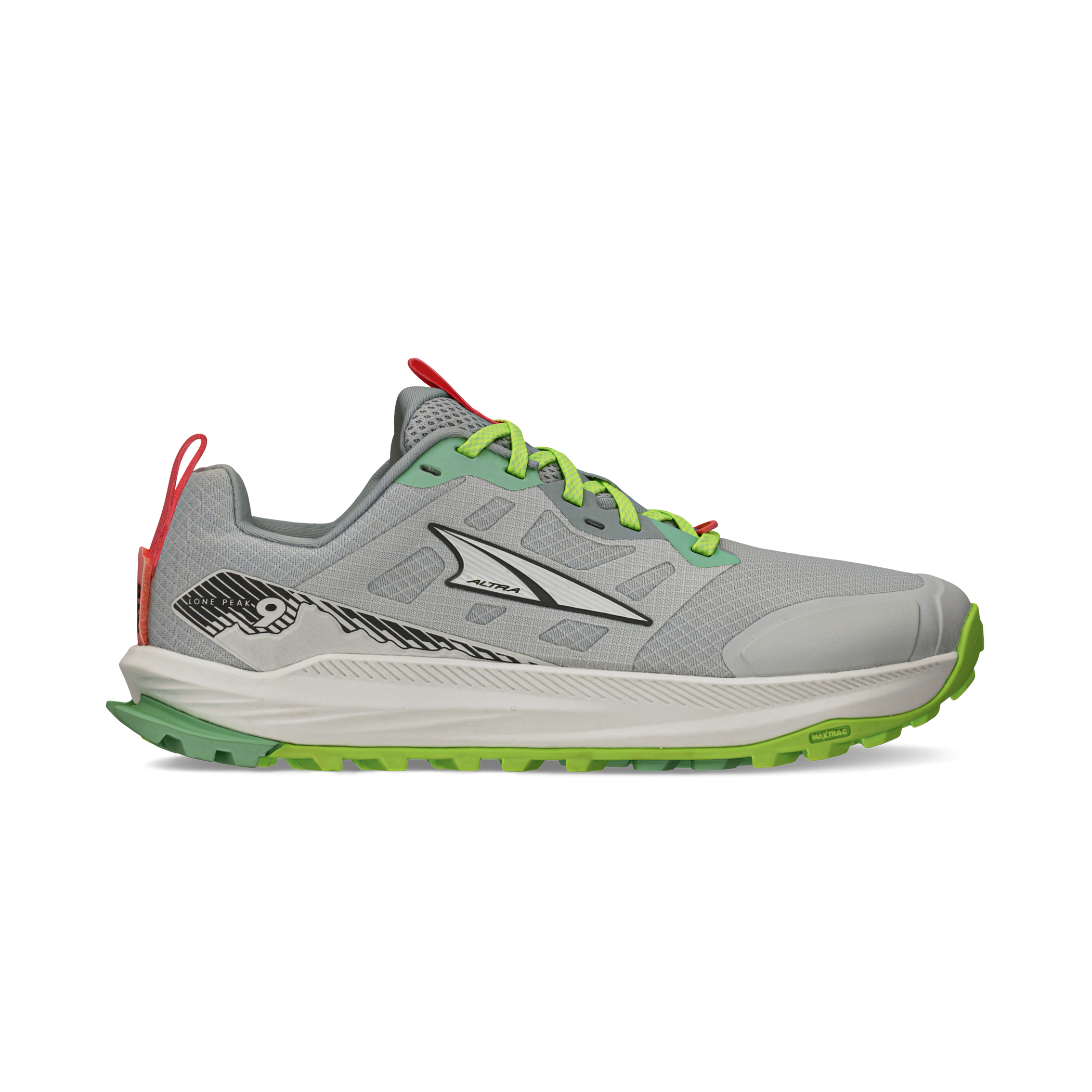 Side view on white background of Womens Altra Lone Peak 9 running shoe in Gray/Lime, Medium (Regular) width