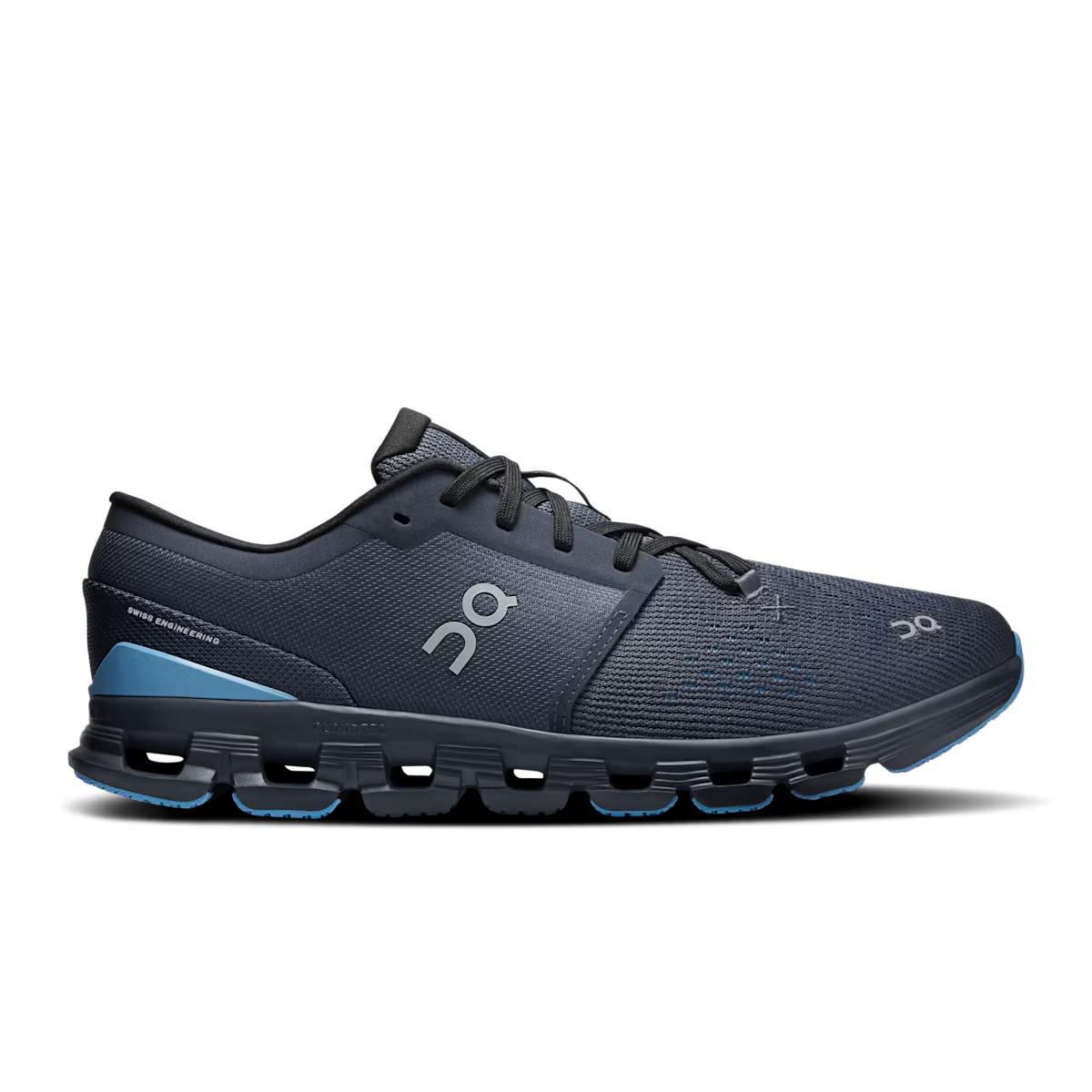 Side view on white background of Mens On Cloud X 4 running shoe in Navy/Gourami, Medium (Regular) width