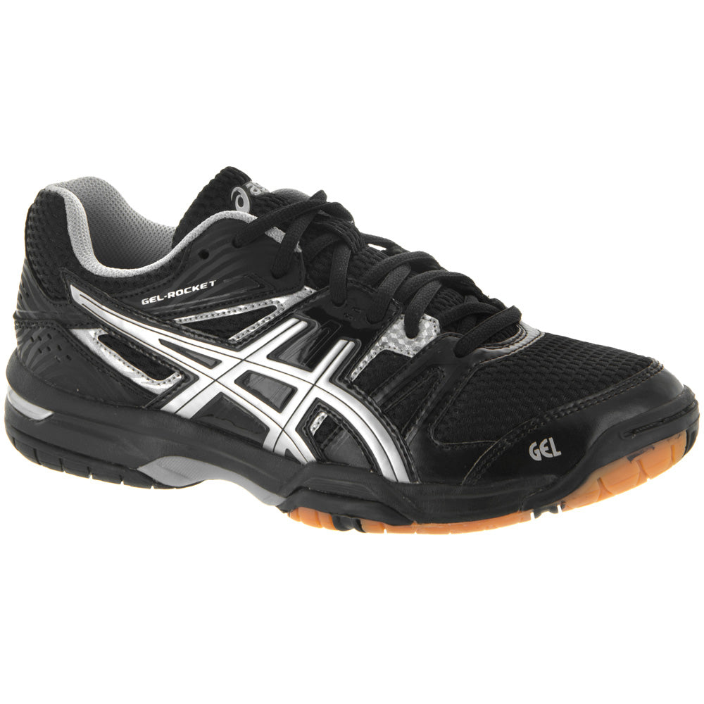 Side view on white background of Womens Asics Gel-Rocket 7 running shoe in Onyx/Silver, Medium (Regular) width