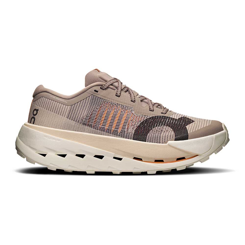 Side view on white background of Mens On Cloudultra Pro running shoe in Cinder/Pearl, Medium (Regular) width