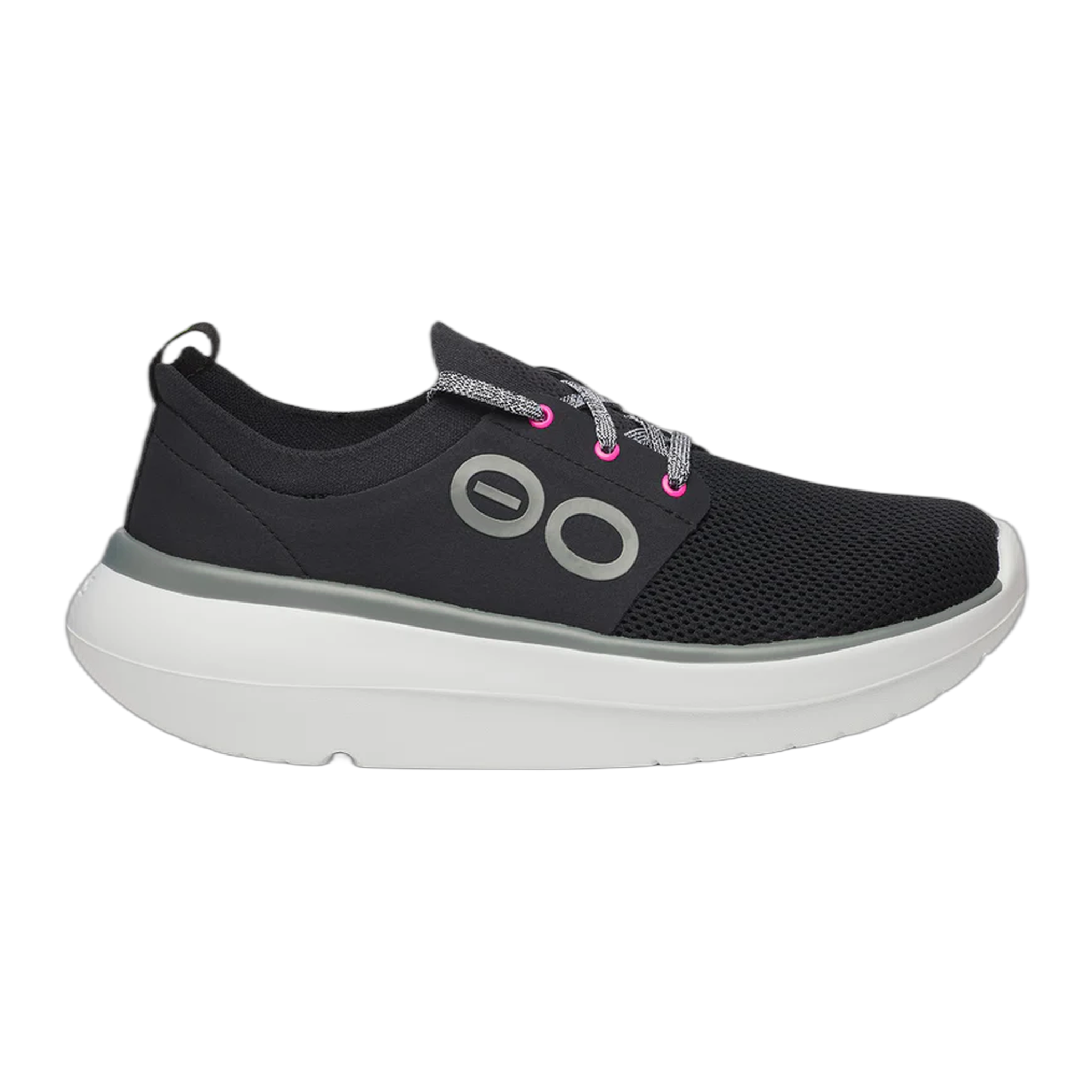 Side view on white background of Womens OOFOS OOmy Stride running shoe in White/Black, Medium (Regular) width