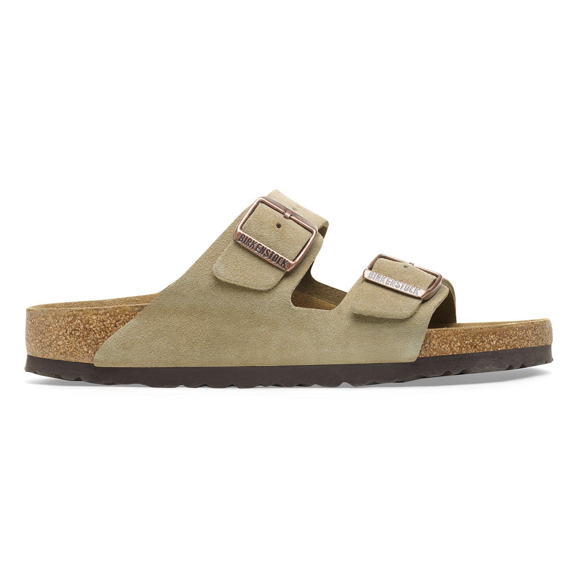 Side view on white background of Mens Birkenstock Arizona running shoe in Taupe, Medium (Regular) width