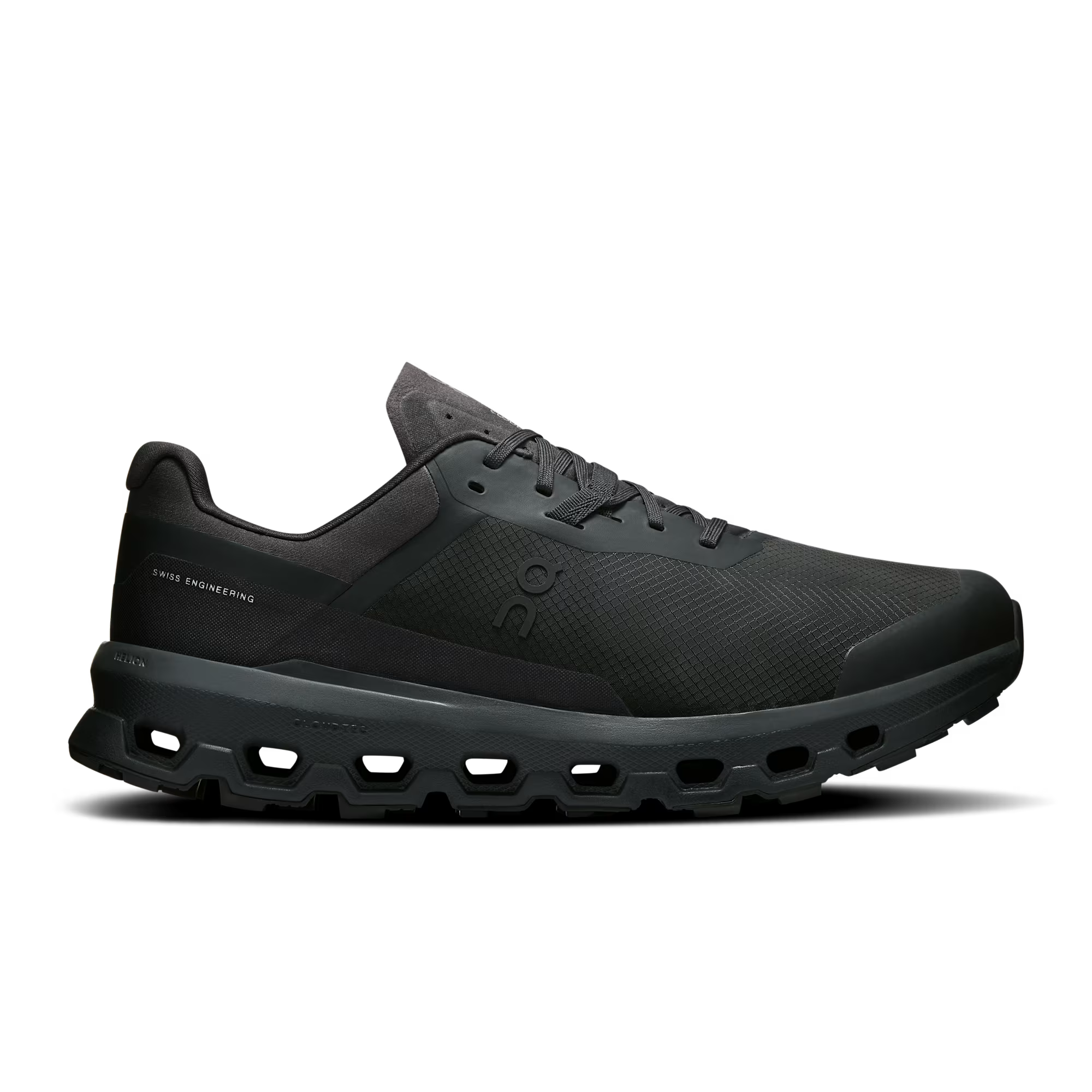Side view on white background of Mens On Cloudvista 2 running shoe in Black/Black, Medium (Regular) width