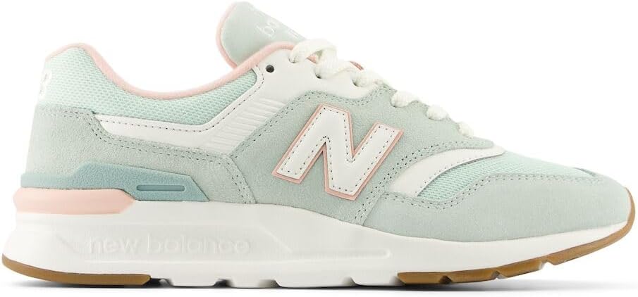 Side view on white background of Womens New Balance 997v1 running shoe in Clay Ash/Salt Marsh/Filament Pink, Medium (Regular) width