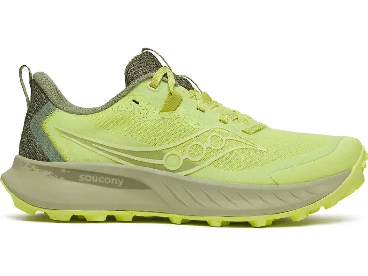 Side view on white background of Womens Saucony Peregrine 15 running shoe in Sunny/Hemlock, Medium (Regular) width