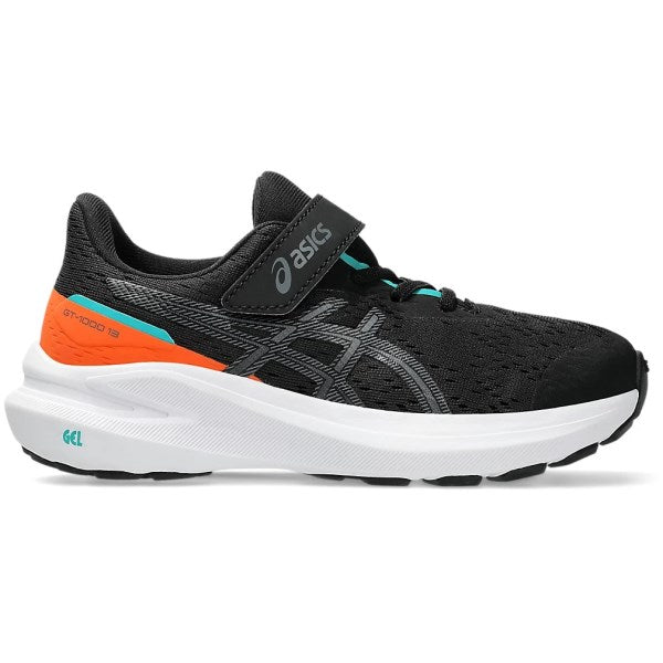 Side view on white background of Kids Asics GT-1000 13 PS running shoe in Black/Carbon, Medium (Regular) width