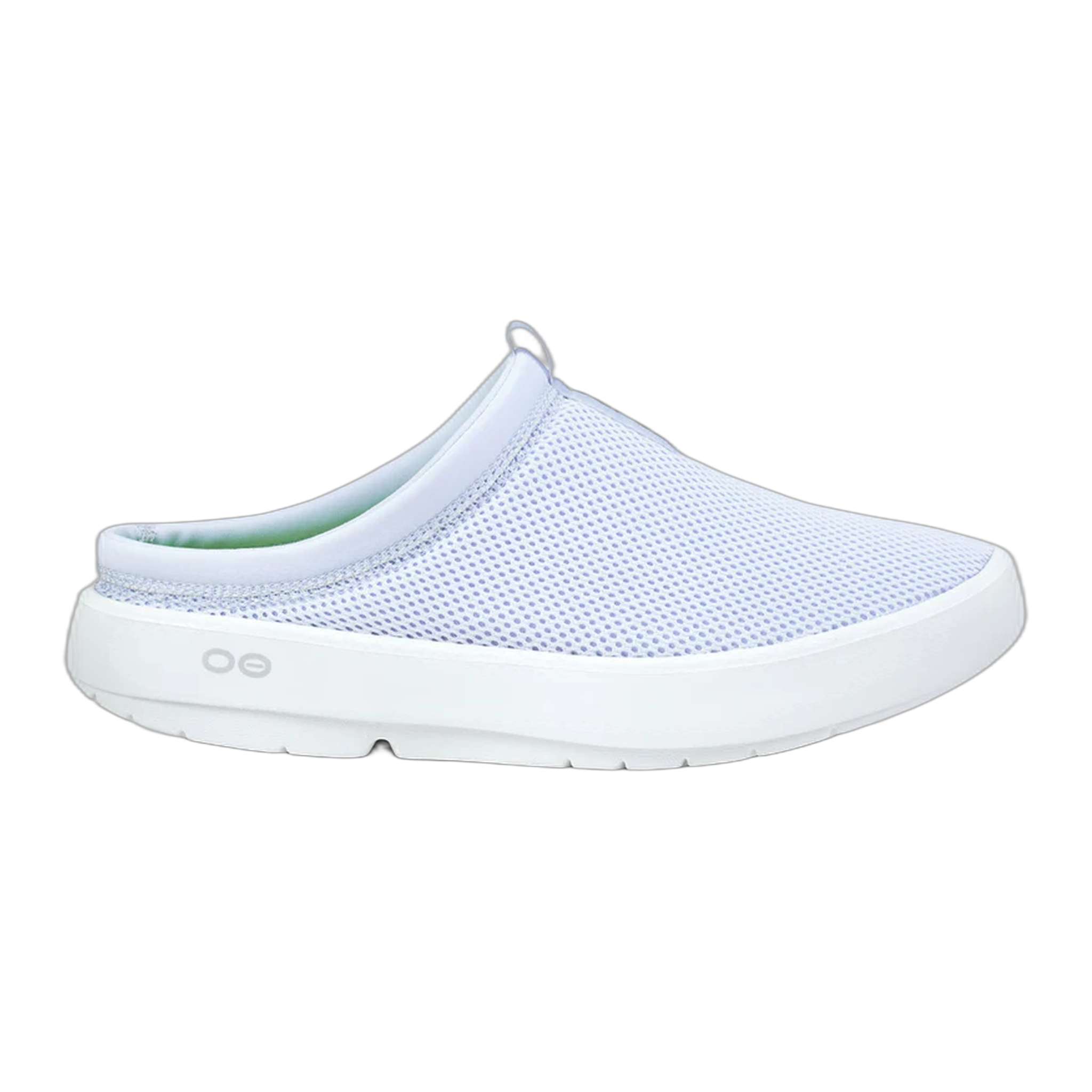 Side view on white background of Womens OOFOS OOcoozie Mule running shoe in Purple Jade, Medium (Regular) width