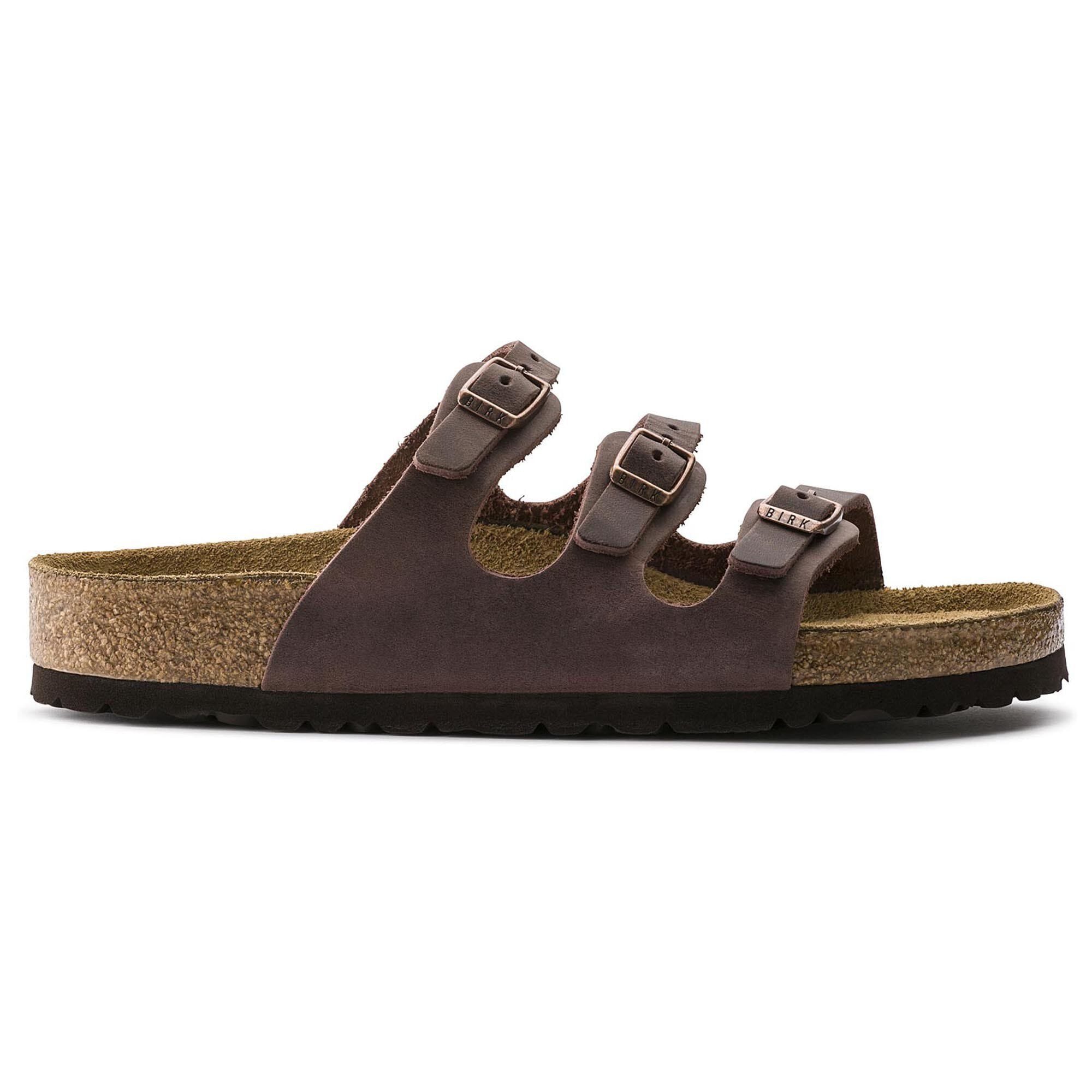 Side view on white background of Womens Birkenstock Florida running shoe in Habana, Medium (Regular) width