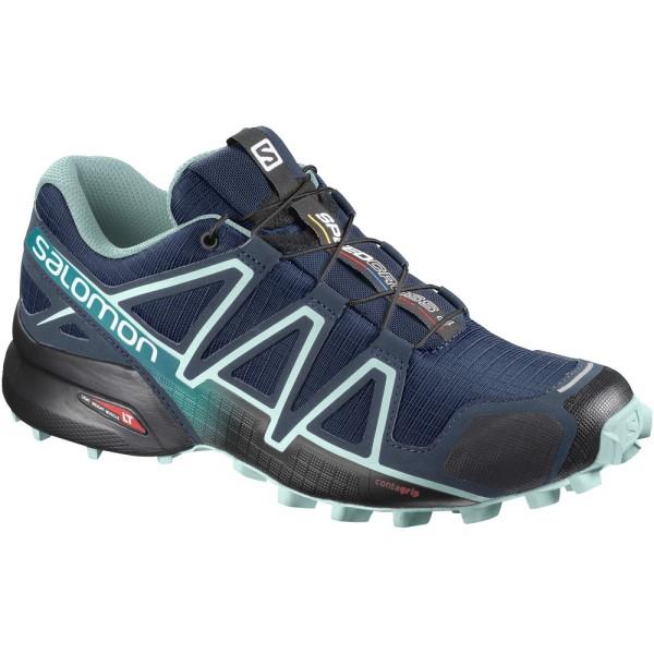 Side view on white background of Womens Salomon Speedcross 4 running shoe in Poseidon/Eggshell Blue/Black, Medium (Regular) width