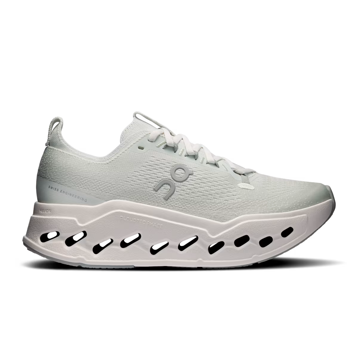 Side view on white background of Womens On Cloudsurfer Max running shoe in Iceberg/Ivory, Medium (Regular) width