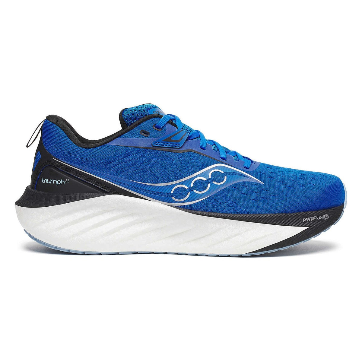 Side view on white background of Mens Saucony Triumph 22 running shoe in Skydiver/Black, Medium (Regular) width