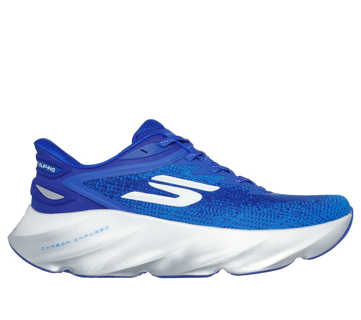 Side view on white background of Mens Skechers Aero Burst running shoe in Royal Blue, Medium (Regular) width