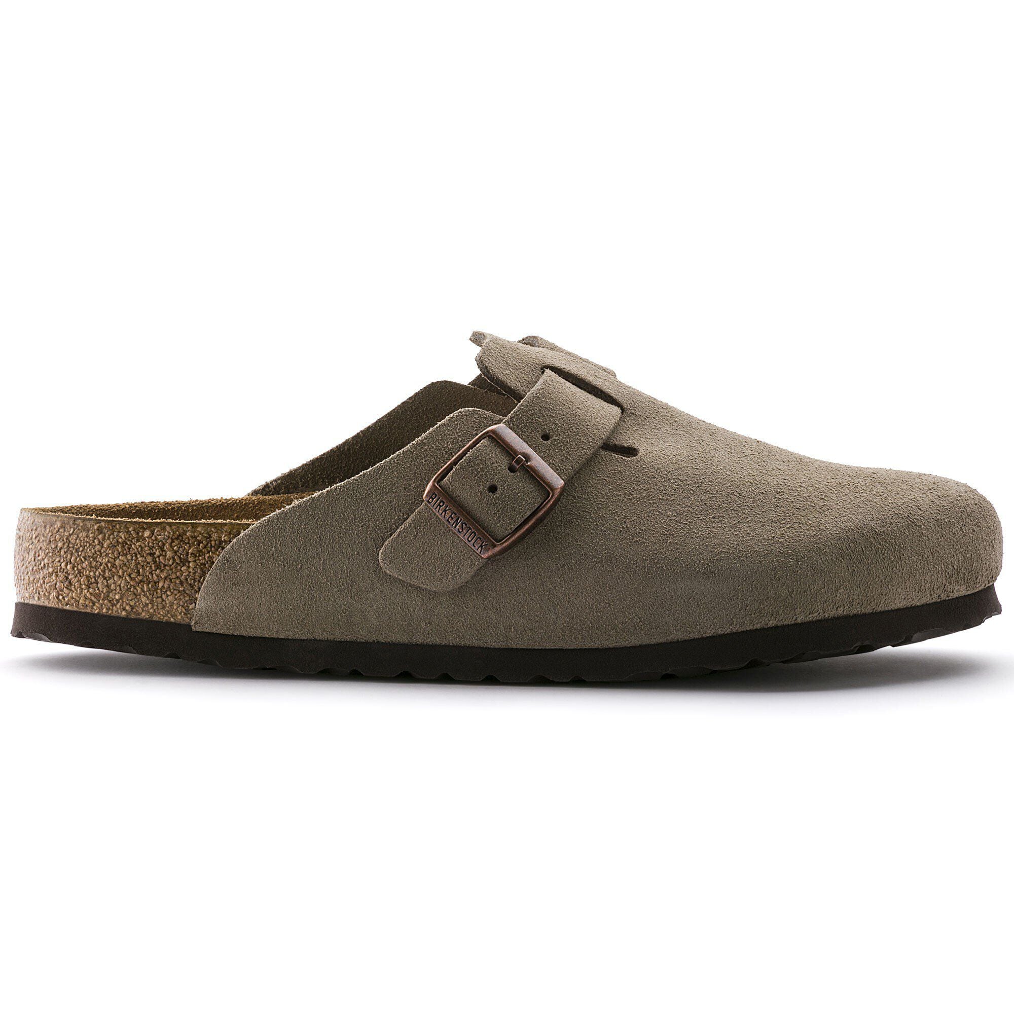 Side view on white background of Mens Birkenstock Boston running shoe in Taupe, Medium (Regular) width