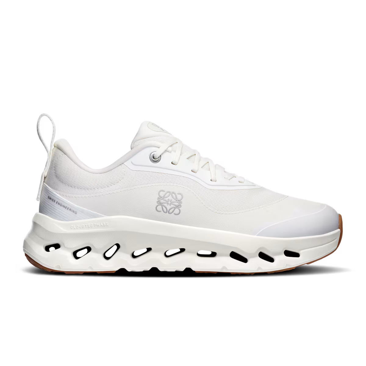 Side view on white background of Womens On Cloudtilt LOEWE 2 running shoe in All White, Medium (Regular) width