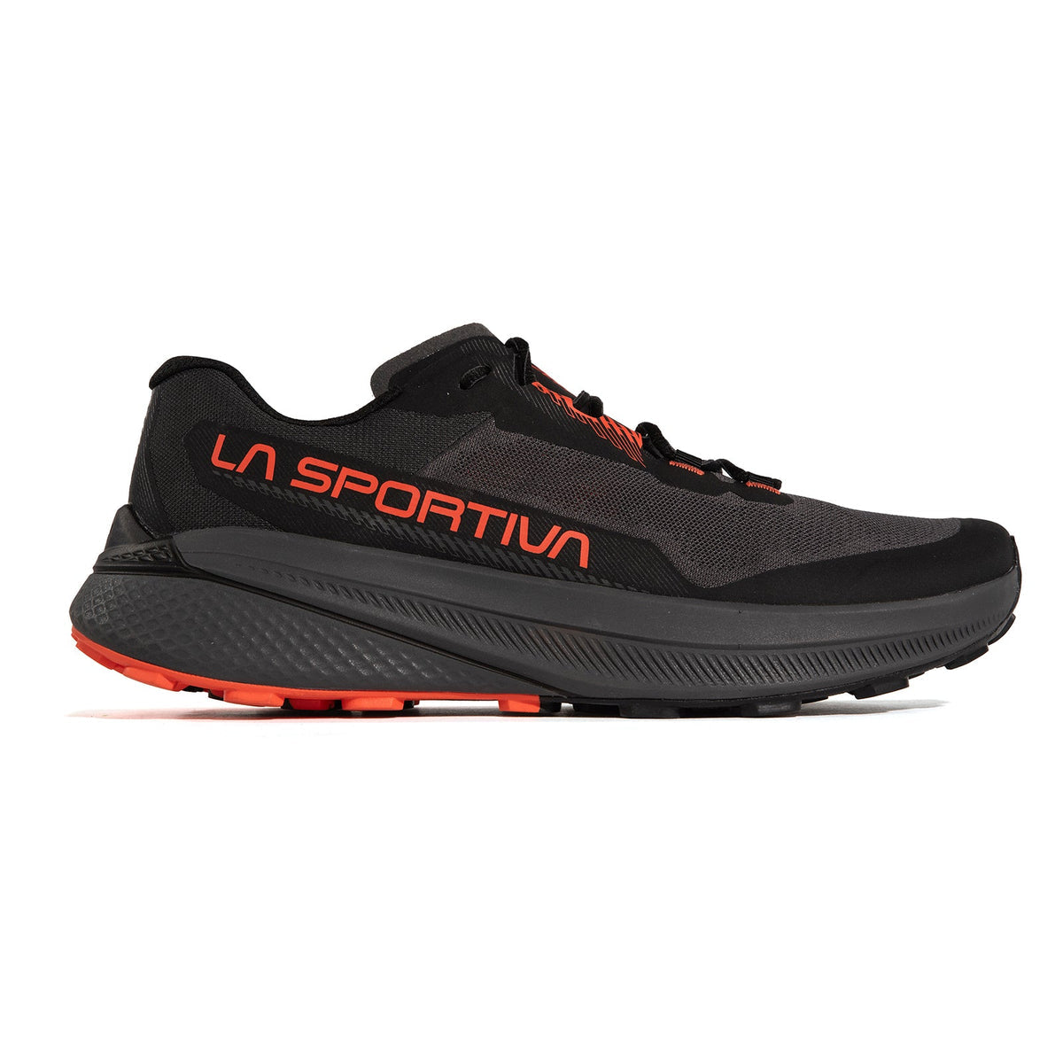 Side view on white background of Mens La Sportiva Prodigio running shoe in Carbon/Cherry Tomato, Medium (Regular) width