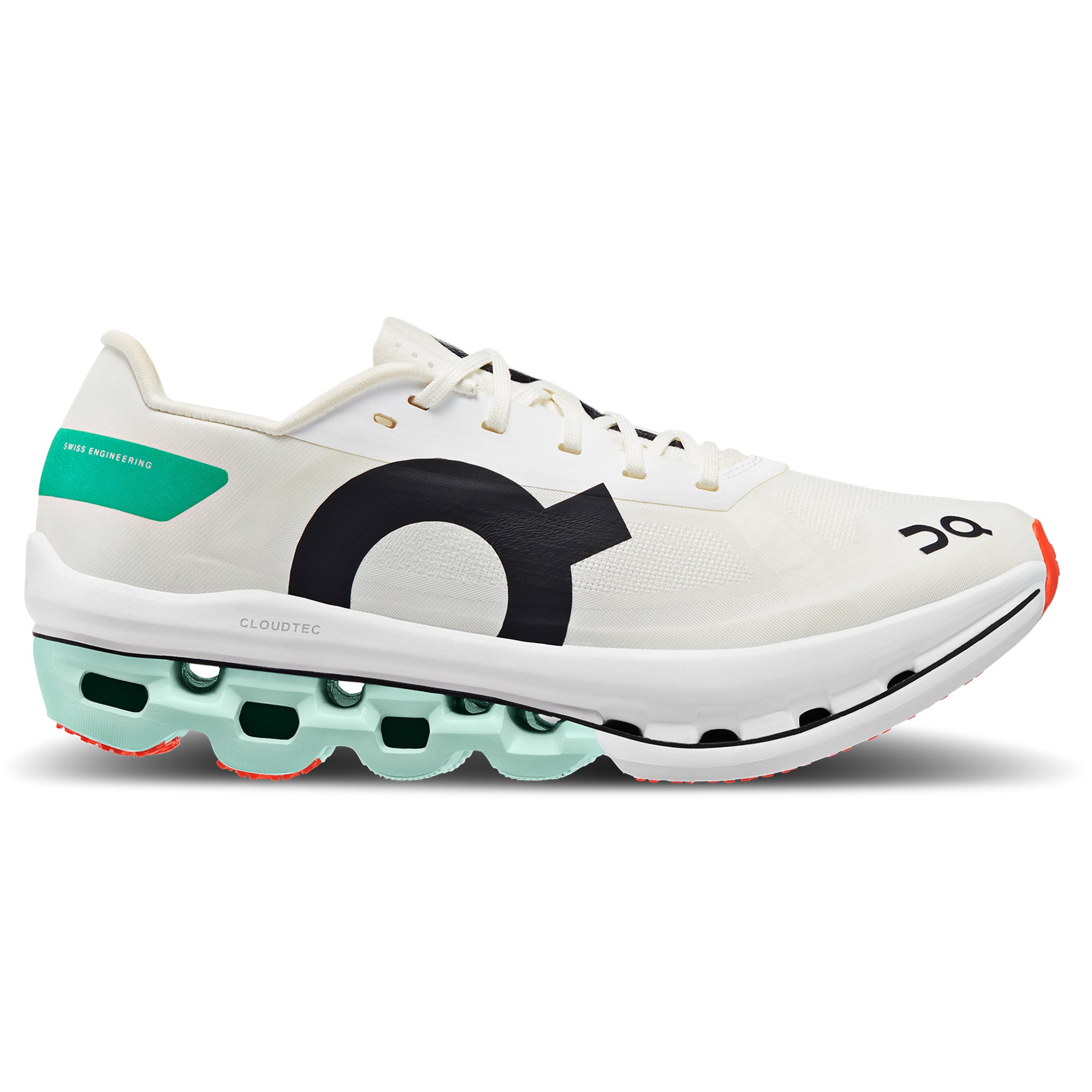 Side view on white background of Womens On Cloudboom Echo running shoe in White/Mint, Medium (Regular) width