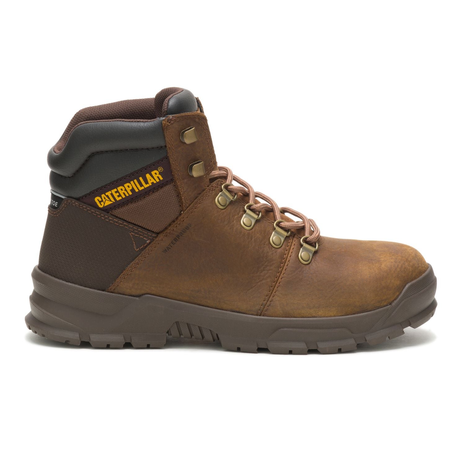 Side view on white background of Mens CAT Charge Waterproof running shoe in Brown Sugar, Medium (Regular) width