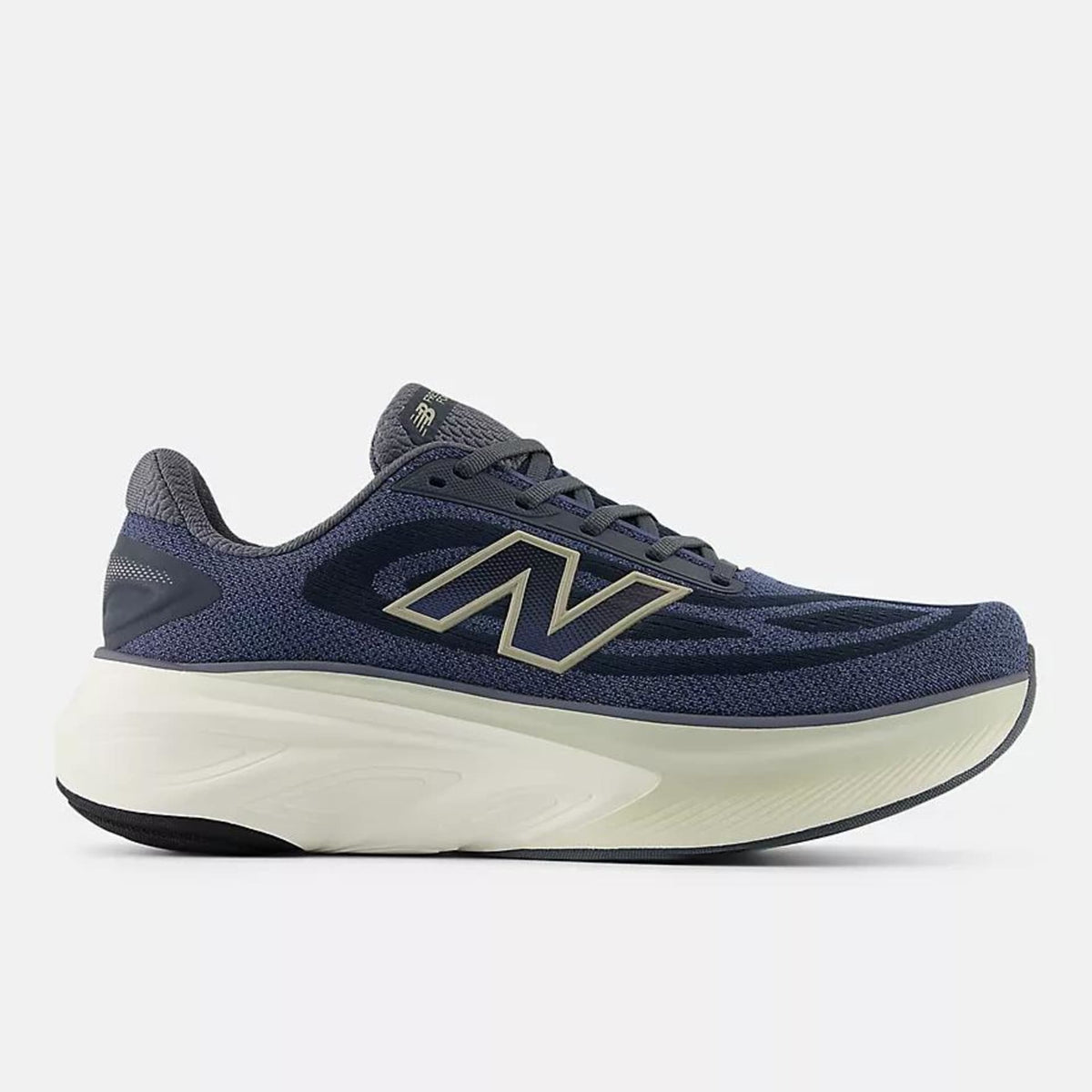 Side view on white background of Mens New Balance Fresh Foam X More v6 running shoe in Graphite/Vintage Indigo, Wide width