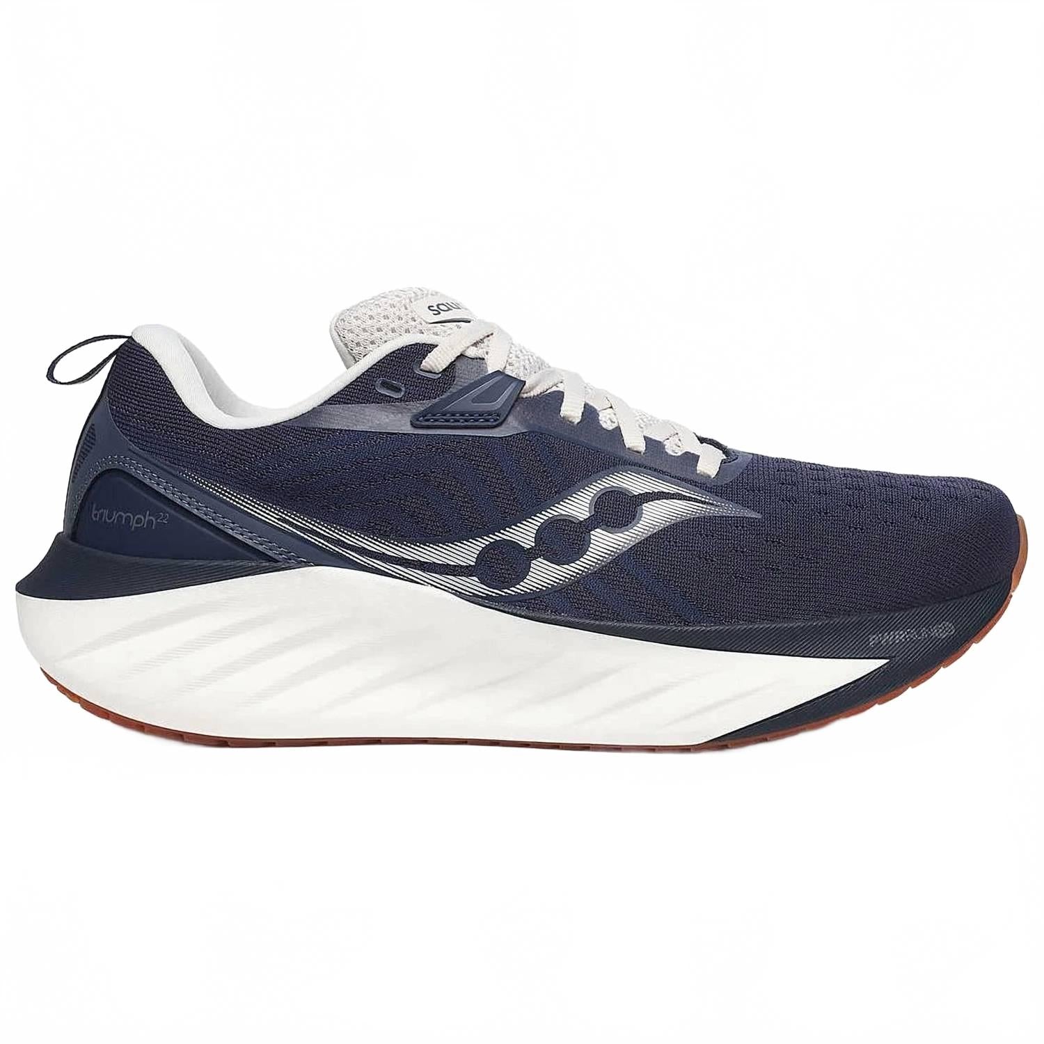 Side view on white background of Mens Saucony Triumph 22 running shoe in Navy/Gum, Medium (Regular) width