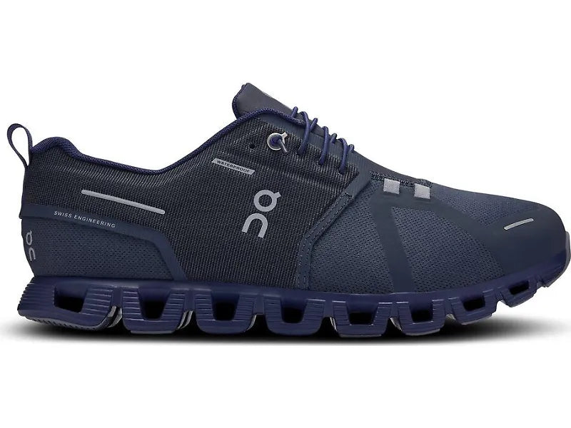 Side view on white background of Mens On Cloud 5 Waterproof running shoe in Navy/Ink, Medium (Regular) width