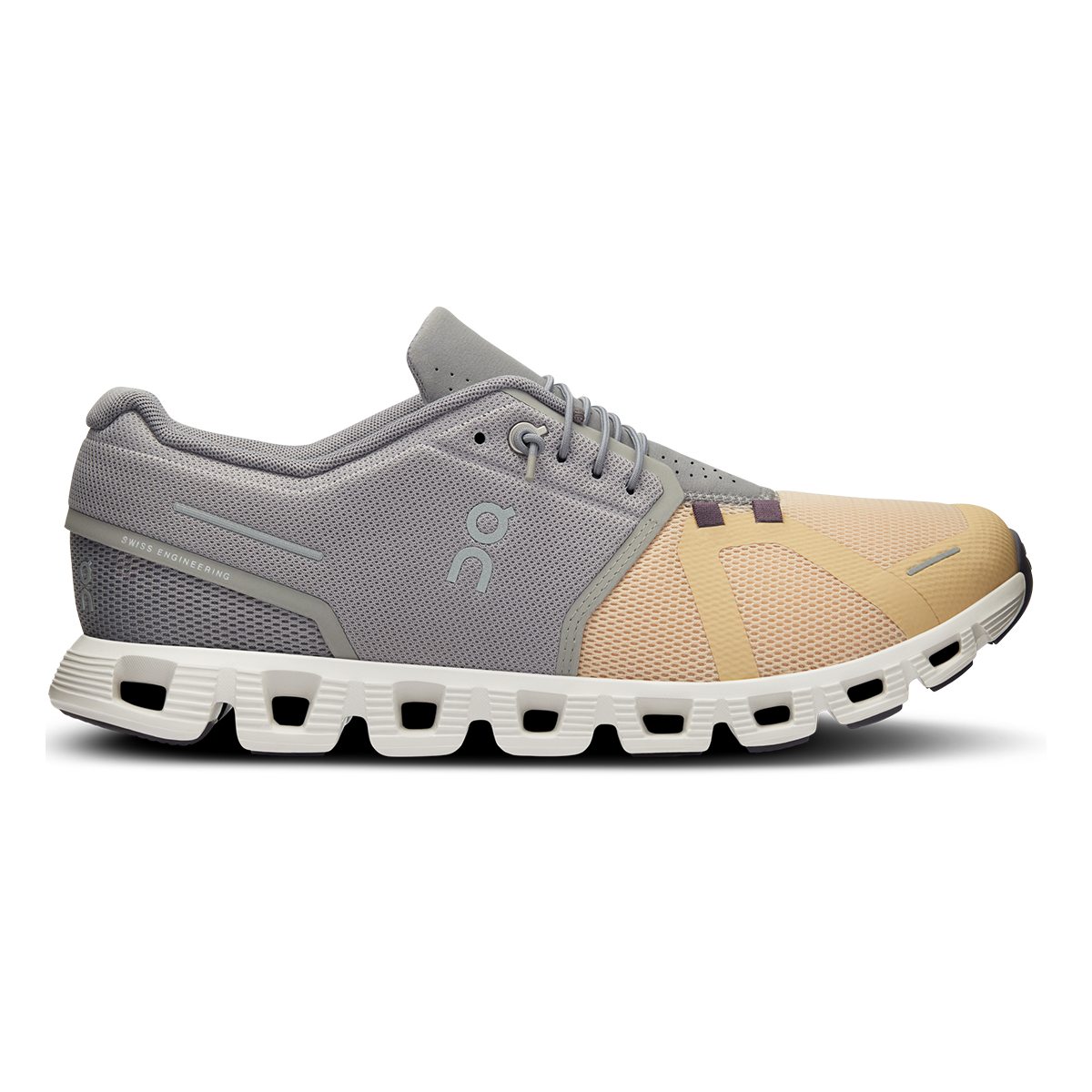 Side view on white background of Mens On Cloud 5 running shoe in Fog/Savannah, Medium (Regular) width
