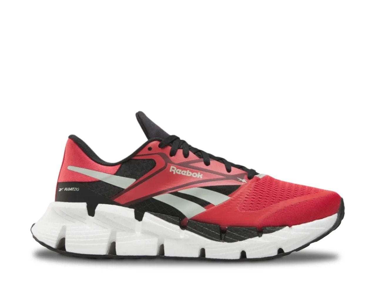 Side view on white background of Mens Reebok Floatzig 1 running shoe in Red and Grey and White, Medium width