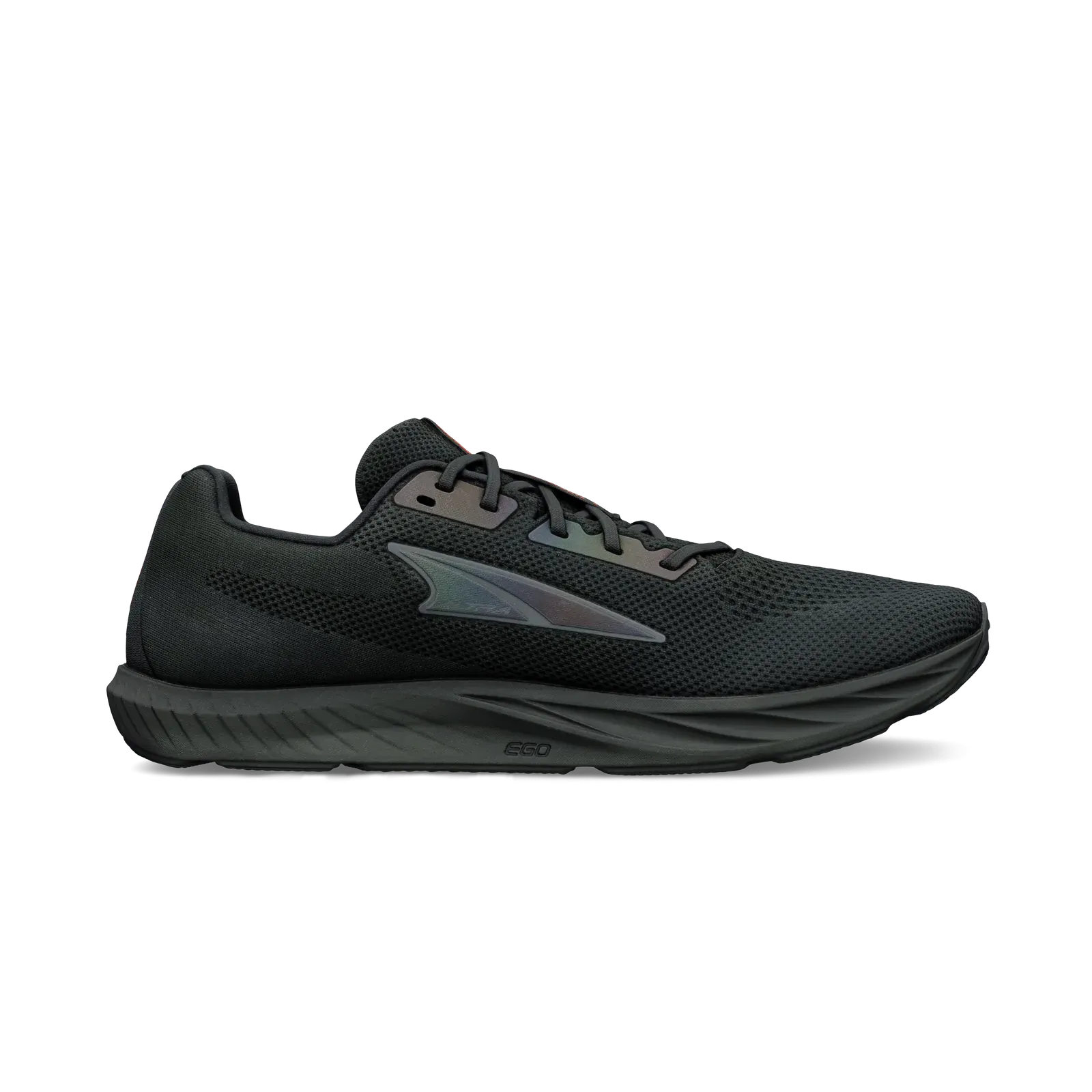 Side view on white background of Mens Altra Escalante 4 running shoe in Black/Iridescent, Medium (Regular) width