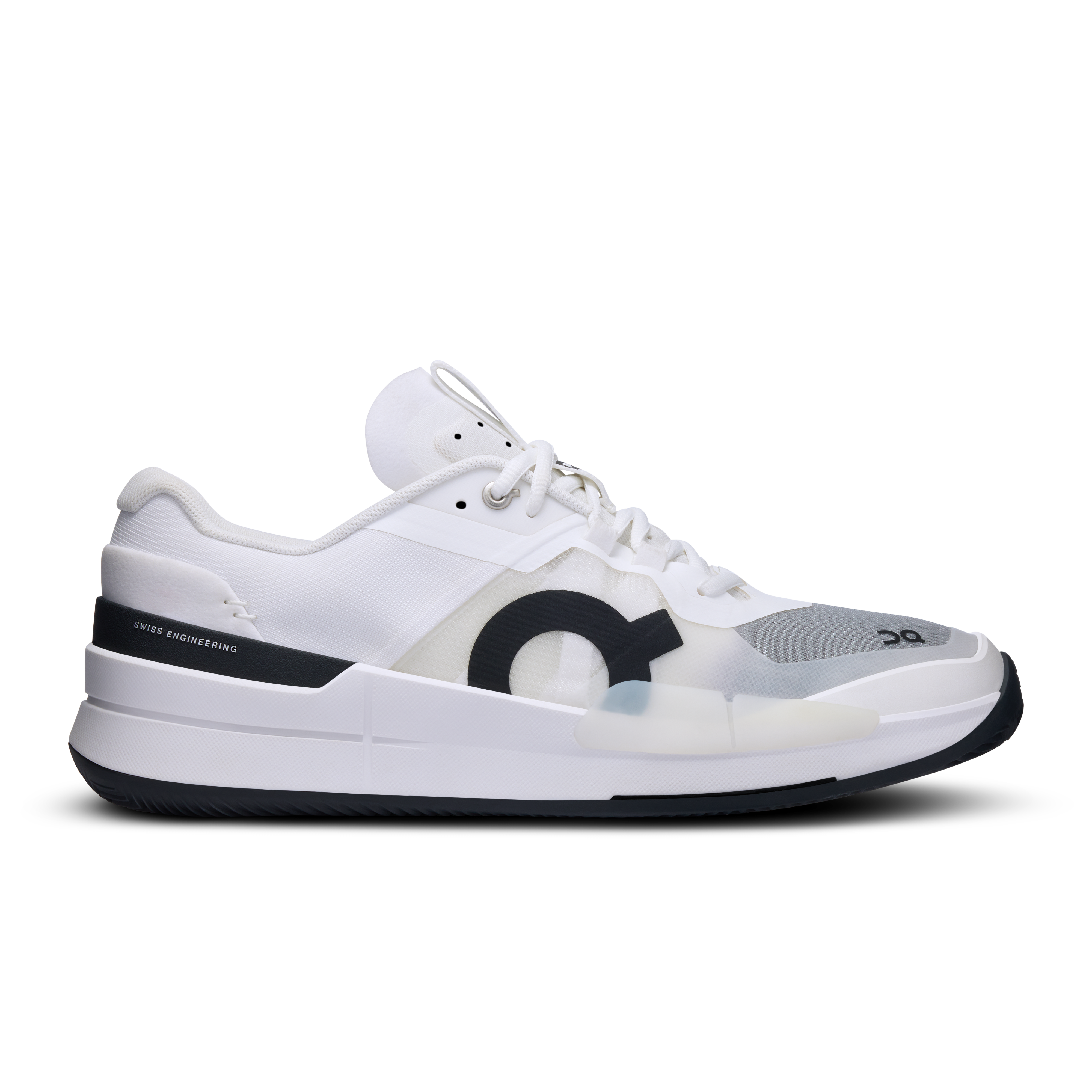Side view on white background of Mens On The Roger Pro 2 Clay running shoe in White/Black, Medium (Regular) width