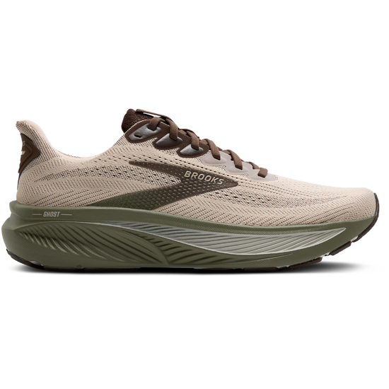 Side view on white background of Mens Brooks Ghost 17 running shoe in Chateau Gray/Brown/Olive, Medium (Regular) width