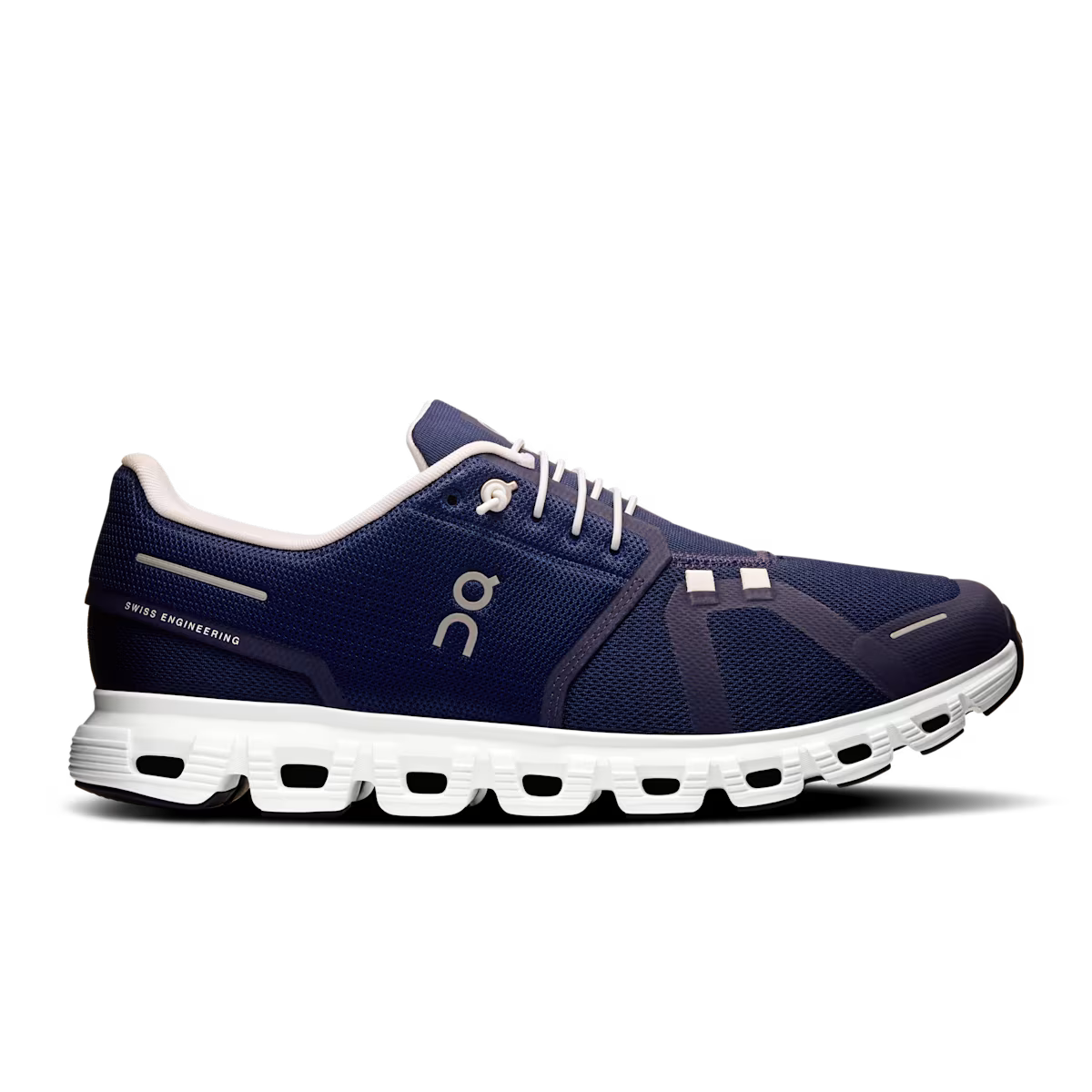 Side view on white background of Mens On Cloud 6 running shoe in Midnight/White, Medium (Regular) width