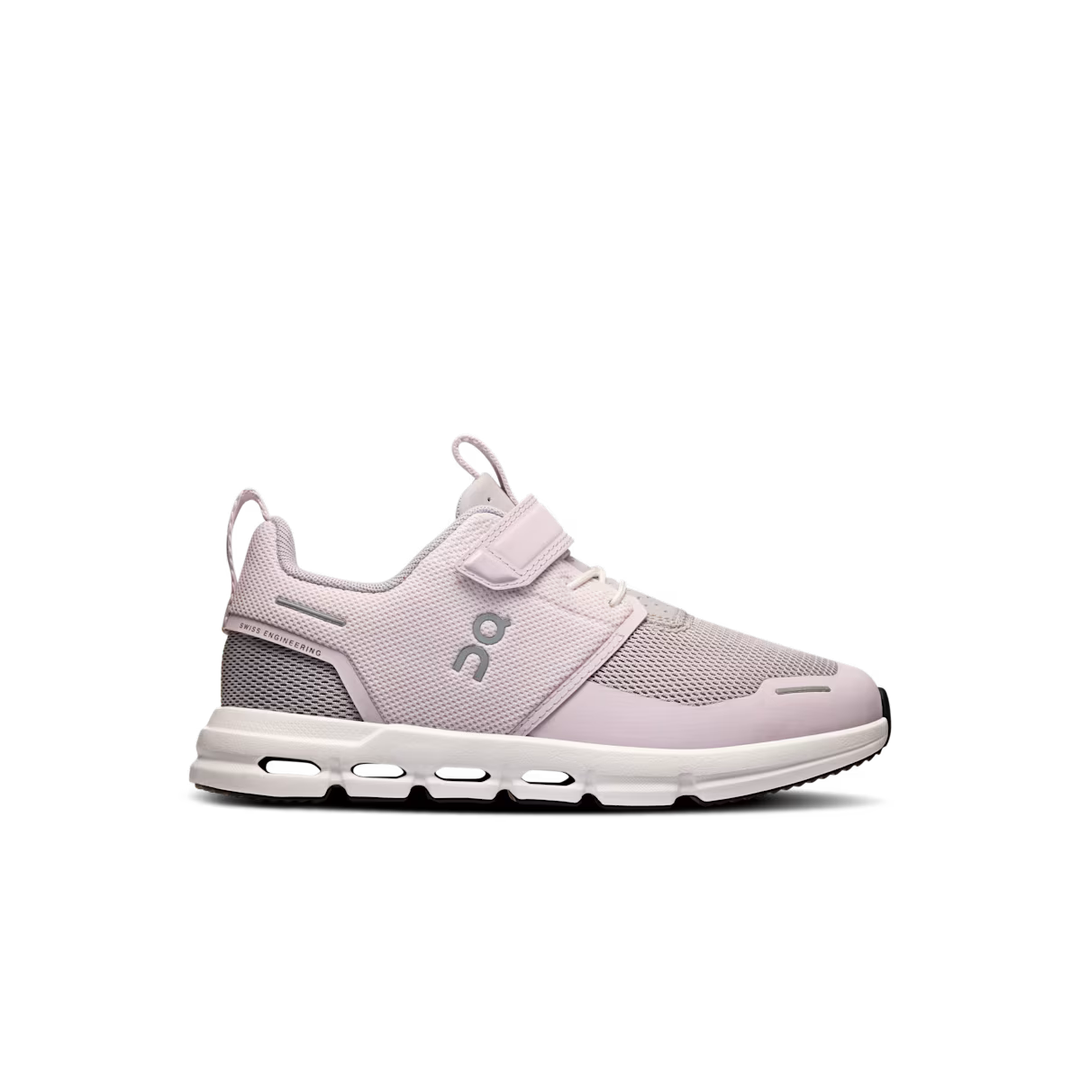 Side view on white background of Kids On shoe in Orchid/White, Medium (Regular) width
