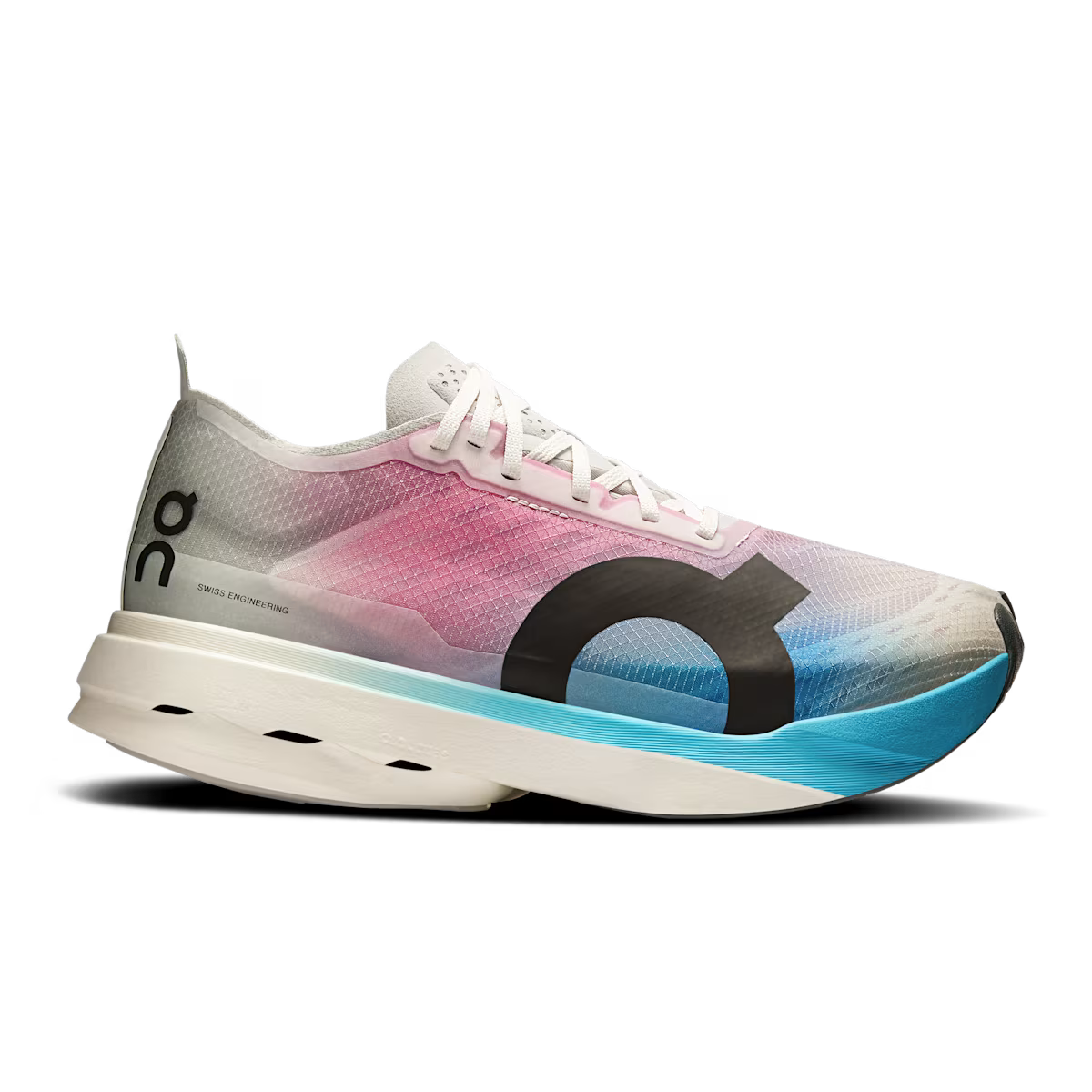 Side view on white background of Womens On Cloudboom Strike running shoe in White/Horizon, Medium (Regular) width