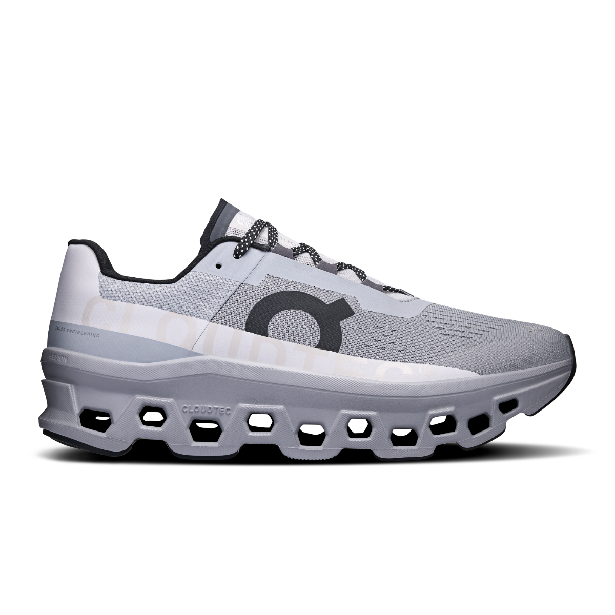 Side view on white background of Mens On Cloudmonster running shoe in Alloy/Silver, Medium (Regular) width