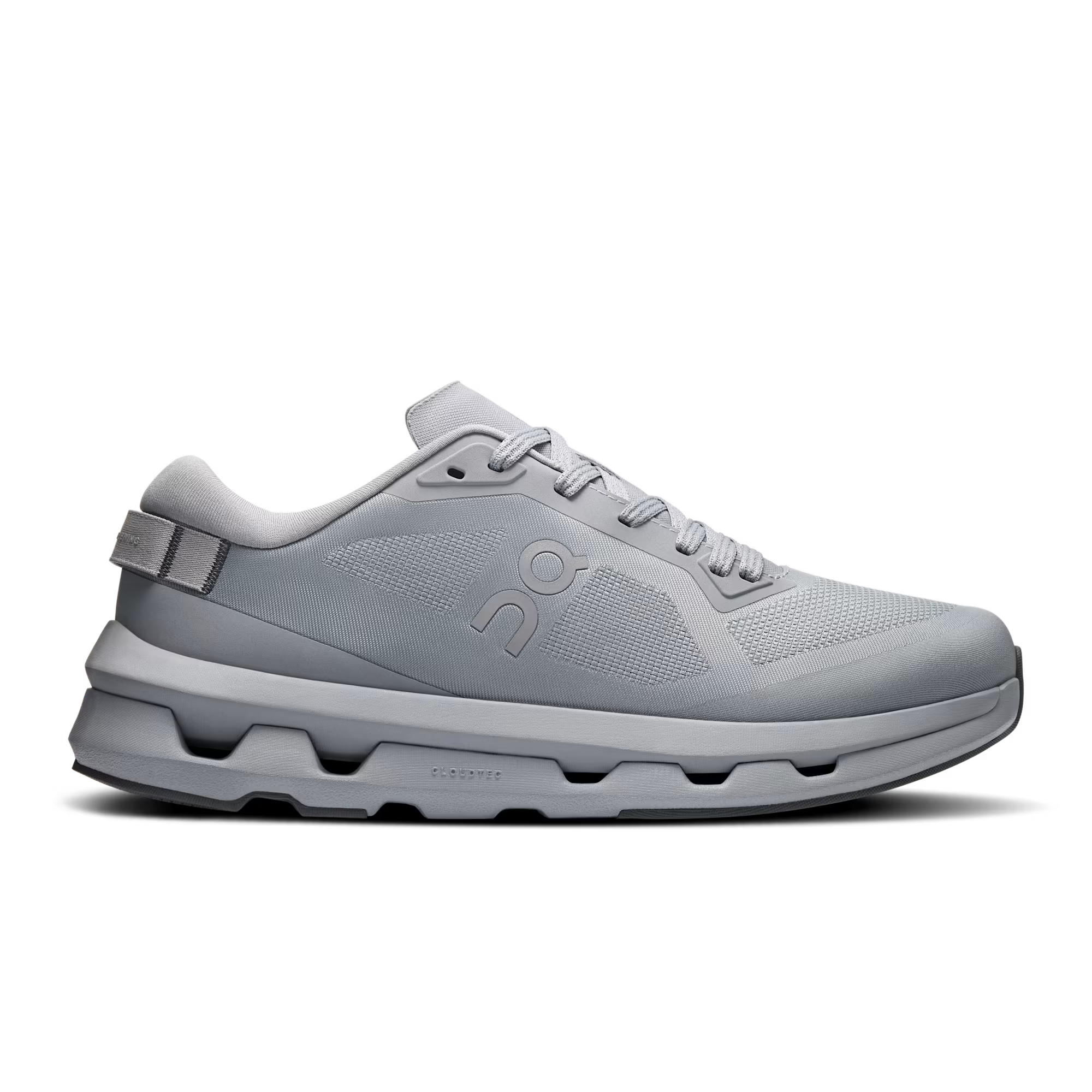 Side view on white background of Womens On Cloudzone running shoe in Alloy/Rock, Medium (Regular) width