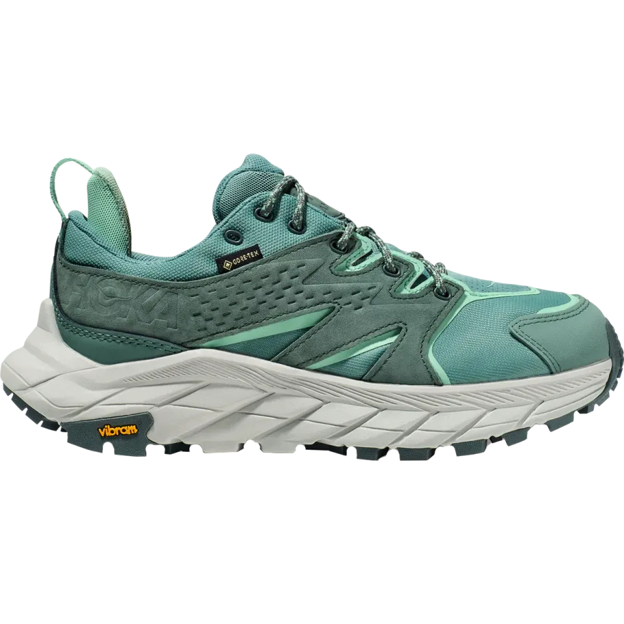 Side view on white background of Womens Hoka Anacapa Low GTX running shoe in Trellis/Mercury, Medium (Regular) width