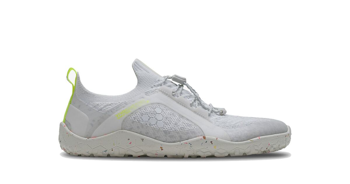 Side view on white background of Womens Vivobarefoot Primus Trail Knit FG running shoe in Limestone, Medium (Regular) width