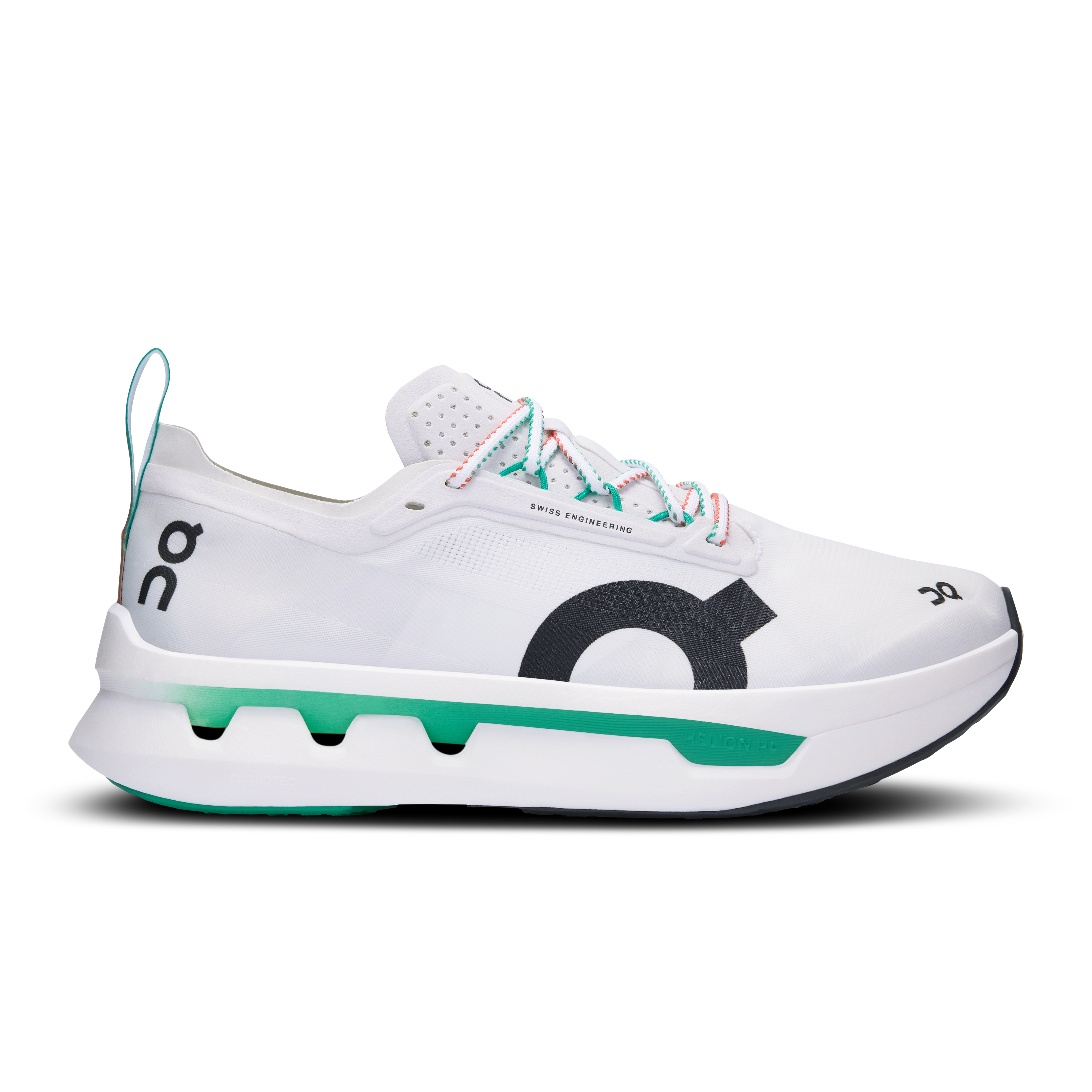 Side view on white background of Womens On Cloudboom Zone running shoe in White/Flame, Medium (Regular) width