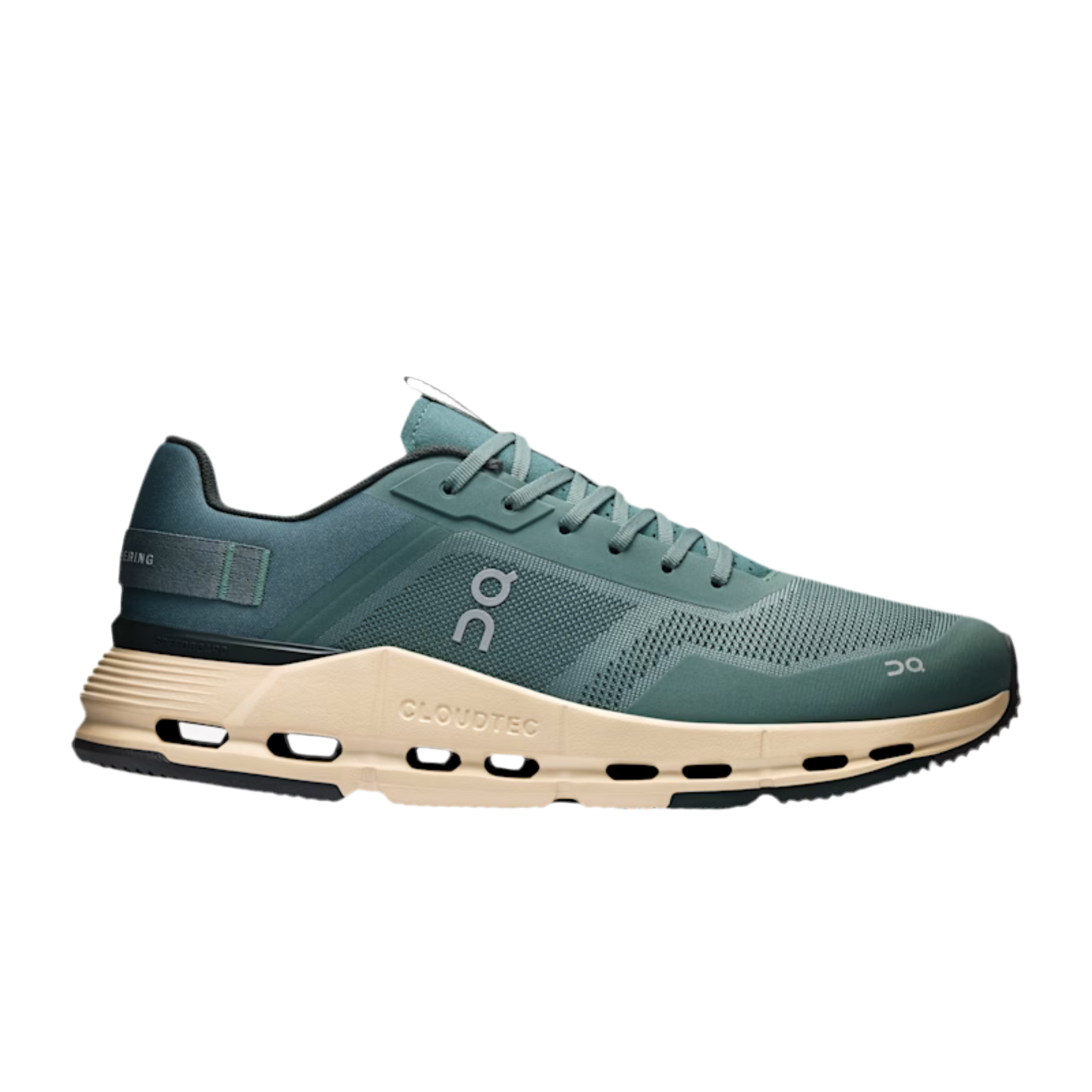 Side view on white background of Mens On Cloudnova Form 2 TT running shoe in Olive/Cream, Medium (Regular) width